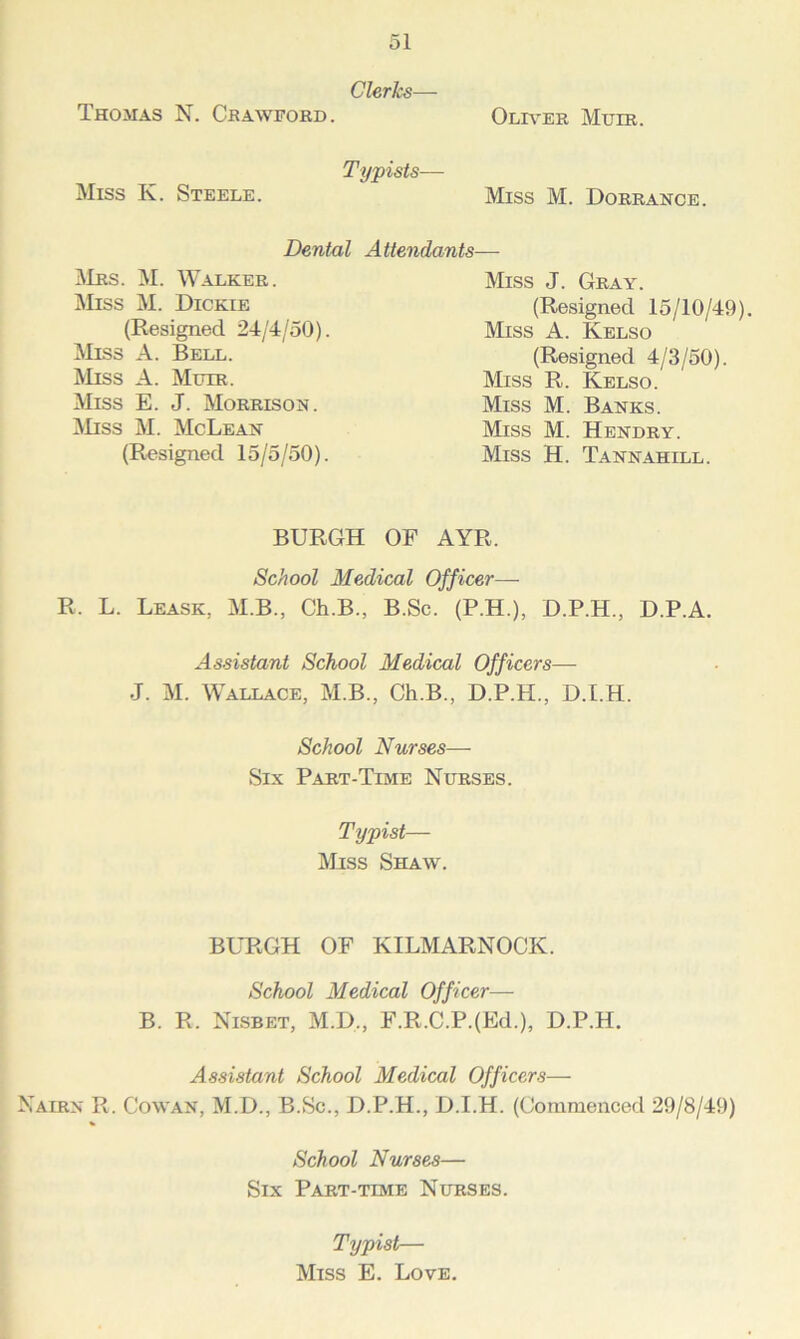 Clerks— Oliver Muir. Thomas N. Crawford. Miss K. Steele. Typists— Miss M. Dorrance. Dental Attendants—• Mrs. M. Walker. Miss M. Dickie (Resigned 24/4/50). Miss A. Bell. Miss A. Muir. Miss E. J. Morrison . Miss M. McLean (Resigned 15/5/50). Miss J. Gray. (Resigned 15/10/49). Miss A. Kelso (Resigned 4/3/50). Miss R. Kelso. Miss M. Banks. Miss M. Hendry. Miss H. Tannahill. BURGH OF AYR. School Medical Officer- Tv. L. Leask, M.B., Ch.B., B.Sc. (P.H.), D.P.H., D.P.A, Assistant School Medical Officers— J. M. Wallace, M.B., Ch.B., D.P.H., D.I.H. School Nurses— Six Part-Time Nurses. Typist— Miss Shaw. BURGH OF KILMARNOCK. School Medical Officer— B. R. Nisbet, M.D., F.R.C.P.(Ed.), D.P.H. Assistant School Medical Officers— Nairn R. Cowan, M.D., B.Sc., D.P.H., D.I.H. (Commenced 29/8/49) School Nurses— Six Part-time Nurses. Typist— Miss E. Love.