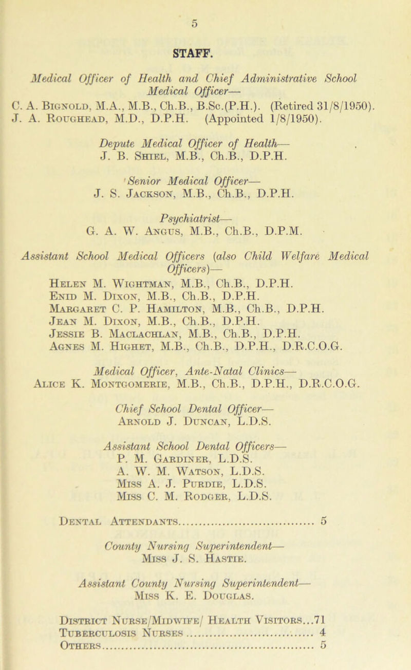 STAFF. Medical Officer of Health and Chief Administrative School Medical Off icer— C. A. Bignold, M.A., M.B., Ch.B., B.Sc.(P.H.). (Retired 31/8/1950). J. A. Roughea-D, M.D., D.P.H. (Appointed 1/8/1950). Depute Medical Officer of Health— J. B. Shiel, M.B., Ch.B., D.P.H. 'Senior Medical Officer— J. S. Jacksojt, M.B., Ch.B., D.P.H. Psychiatrist— G. A. W. Angus, M.B., Ch.B., D.P.M. Assistant School Medical Officers {also Child Welfare Medical Officers)— Helen M. Wightman, M.B., Ch.B., D.P.H. Enid M. Dixon, M B., Ch.B., D.P.H. MAECiARET C. P. Hamilton, M.B., Ch.B., D.P.H. Jean M. Dixon, M.B., Ch.B., D.P.H. Jessie B. Maclachlan, M.B., Ch.B., D.P.H. Agnes M. Highet, M.B., Ch.B., D.P.H., D.R.C.O.G. Medical Officer, Ante-Natal Clinics— Alice K. Montgomerie, M.B., Ch.B., D.P.H., D.R.C.O.G. Chief School Dental Officer— Arnold J. Duncan, L.D.S. Assistant School Dental Officers— P. M. Gardiner, L.D.S. A. W. M. Watson, L.D.S. Miss A. J. Purdie, L.D.S. Miss C. M. Rodger, L.D.S. Dental Attendants 5 County Nursing Superintendent— Miss J. S. Hastie. Assistant County Nursing Superintendent— Miss K. E. Douglas. District Nurse/Midwife/ Health Vlsitors...71 Tuberculosis Nurses 4 Others 5