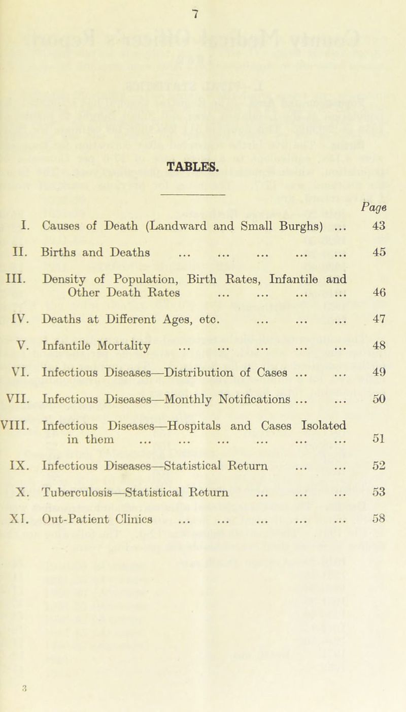 / TABLES. Page I. Causes of Death (Landward and Small Burghs) ... 43 II. Births and Deaths ... ... ... ... ... 45 III. Density of Population, Birth Rates, Infantile and Other Death Rates ... ... ... ... 46 IV. Deaths at Different Ages, etc. ... ... ... 47 V. Infantilo Mortality ... ... ... ... ... 48 VI. Infectious Diseases—Distribution of Cases ... ... 49 VII. Infectious Diseases—Monthly Notifications ... ... 50 VIII. Infectious Diseases—Hospitals and Cases Isolated in them ... ... ... ... ... ... 51 IX. Infectious Diseases—Statistical Return ... ... 52 X. Tuberculosis—Statistical Return ... ... ... 53 XT. Out-Patient Clinics ... ... ... ... ... 58