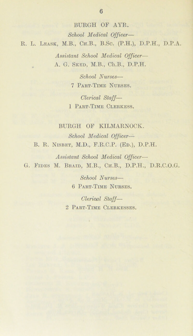 BURGH OF AYR. School Medical Officer— R. L. Leask, M.B., Ch.B., B.Sc. (P.H.), D.P.H., D.P.A. Assistant School Medical Officer— A. G. Sked, M.B., Ch.B., D.P.H. School Nurses— 7 Part-Time Nurses. Clerical Staff— 1 Part-Time Clerkess. BURGH OF KILMARNOCK. School Medical Officer— B. R. Nisbet, M.D., F.R.C.P. (Ed.), D.P.H. Assistant School Medical Officer— G. Fides M. Braid, M.B., Ch.B., D.P.H., D.R.C.O.G. School Nurses— 6 Part-Time Nurses. Clerical Staff— 2 Part-Time Clerkesses.