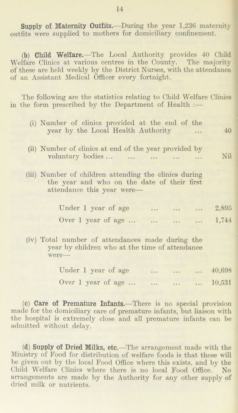Supply of Maternity Outfits.—During the year 1,236 maternity | outfits were supplied to mothers for domiciliary confinement. ^ (b) Child Welfare.—The Local Authority provides 40 Child j Welfare Clinics at various centres in the County. The majority { of these are held weekly by the District Nurses, with the attendance ? of an Assistant Medical Officer every fortnight. | The following are the statistics relating to Child Welfare Clinics in the form prescribed by the Department of Health :— (i) Number of clinics provided at the end of the year by the Local Health Authority ... 40 (ii) Number of clinics at end of the year provided by voluntary bodies ... ... ... ... ... Nil (iii) Number of children attending the clinics during the year and who on the date of their first attendance this year were— Under 1 year of age ... ... ... 2,895 Over 1 year of age ... ... ... ... 1,744 (iv) Total number of attendances made during the year by children who at the time of attendance were— Under 1 year of age 40,698 Over 1 year of age 10,531 (c) Care of Premature Infants.—There is no special provision made for the domiciliary care of premature infants, but liaison with the hospital is extremely close and all premature infants can be admitted Avithout delay. (d) Supply of Dried Milks, etc.—The arrangement made with the Ministry of Food for distribution of welfare foods is that these will be given out by the local Food Office where this exists, and by the Child Welfare Clinics where there is no local Food Office. No arrangements are made by the Authority for any other supply of dried milk or nutrients.