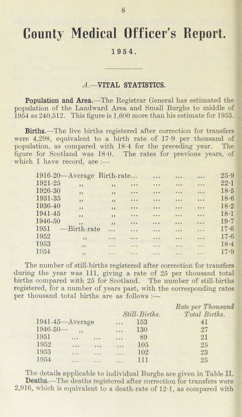 County Medical Officer’s Report. 1 9 5 4. A.—VITAL STATISTICS. Population and Area.—The Registrar General has estimated the population of the Landward Area and Small Burghs to middle of 1954 as 240,512. This figure is 1,600 more than his estimate for 1953. Births.—The live births registered after correction for transfers were 4,298, equivalent to a birth rate of 17-9 per thousand of population, as compared with 18-4 for the preceding year. The figure for Scotland was 18-0. The rates for previous years, of which I have record, are :— 1916-20—Average Birth-rate 1921-25 1926-30 1931-35 1936-40 1941-45 1946-50 1951 1952 1953 1954 -Birth-rate 25-9 22-1 18- 5 18-6 18-2 18-1 19- 7 17-6 17- 6 18- 4 17-9 The number of still-births registered after correction for transfers during the year was 111, giving a rate of 25 per thousand total births compared with 25 for Scotland. The number of still-births registered, for a number of years past, with the corresponding rates per thousand total births are as follows :— .Rate per Thousand Still-Births. Total B 1941-45—Average 153 41 1946-50— „ 130 27 1951 89 21 1952 105 25 1953 102 23 1954 111 25 The details applicable to individual Burghs are given in Table II. Deaths.—The deaths registered after correction for transfers were 2,916, which is equivalent to a death-rate of 12-1, as compared with