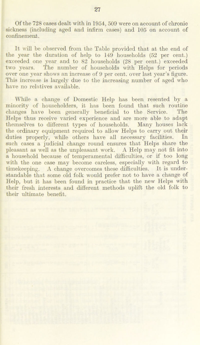 Of the 728 cases dealt with in 1954, 509 were on account of chronic sickness (including aged and infirm cases) and 105 on account of confinement. It will be observed from the Table provided that at the end of the year the duration of help to 149 households (52 per cent.) exceeded one year and to 82 households (28 per cent.) exceeded two years. The number of households with Helps for periods over one year shows an increase of 9 per cent, over last year’s figure. This increase is largely due to the increasing number of aged who have no relatives available. While a change of Domestic Help has been resented by a minority of householders, it has been found that such routine changes have been generally beneficial to the Service. The Helps thus receive varied experience and are more able to adapt themselves to different types of households. Many houses lack the ordinary equipment required to allow Helps to carry out their duties properly, while others have all necessary facilities. In such cases a judicial change round ensures that Helps share the pleasant as well as the unpleasant work. A Help may not fit into a household because of temperamental difficulties, or if too long with the one case may become careless, especially with regard to timekeeping. A change overcomes these difficulties. It is under- standable that some old folk would prefer not to have a change of Help, but it has been found in practice that the new Helps with their fresh interests and different methods uplift the old folk to their ultimate benefit.