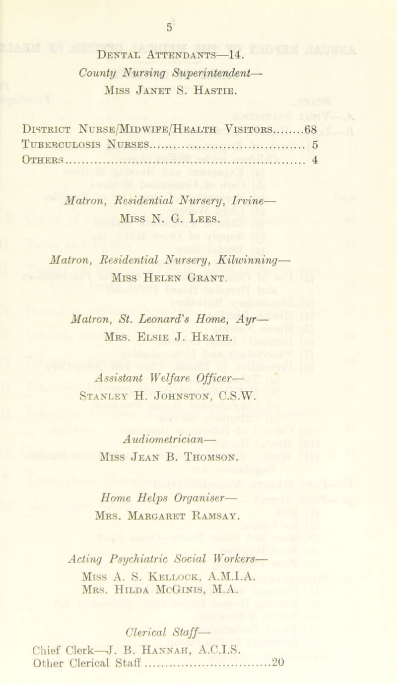 Dental Attendants—14. County Nursing Superintendent— Miss Janet S. Hastie. District Nurse/Midwiee/Health Visitors 68 Tuberculosis Nurses 5 Others 4 Matron, Residential Nursery, Irvine— Miss N. G. Lees. Matron, Residential Nursery, Kilwinning— Miss Helen Grant. Matron, St. Leonard's Home, Ayr— Mrs. Elsie J. Heath. Assistant Welfare Officer— Stanley H. Johnston, C.S.W. A ud iometrician— Miss Jean B. Thomson. Home Helps Organiser— Mrs. Margaret Ramsay. Acting Psychiatric Social Workers— Miss A. S. Kellock, A.M.I.A. Mrs. Hilda McGinis, M.A. Clerical Staff— Chief Clerk—J. B. Hannah, A.C.I.S. Other Clerical Staff 20