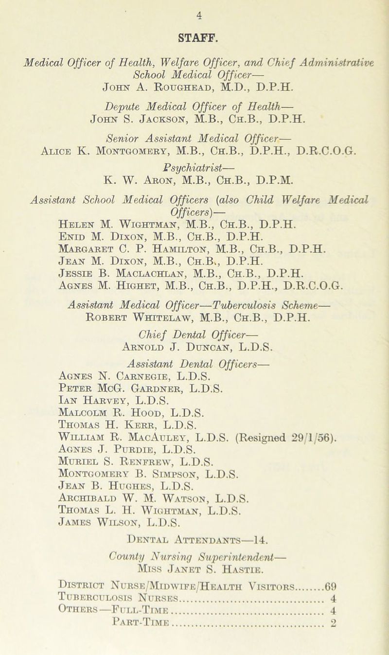 STAFF. Medical Officer of Health, Welfare Officer, and Chief Administrative School Medical Officer— John A. Roughead, M.D., D.P.H. Depute Medical Officer of Health— John S. Jackson, M.B., Ch.B., D.P.H. Senior Assistant Medical Officer— Alice K. Montgomery, M.B., Ch.B., D.P.H., D.R.C.O.G. Psychiatrist— K. W. Aron, M.B., Ch.B., D.P.M. Assistant School Medical Officers (also Child Welfare Medical Officers)— Helen M. Wightman, M.B., Ch.B., D.P.H. Enid M. Dixon, M.B., Ch.B., D.P.H. Margaret C. P. Hamilton, M.B., Ch.B., D.P.H. Jean M. Dixon, M.B., Ch.B., D.P.H. Jessie B. Maclachlan, M.B., Ch.B., D.P.H. Agnes M. Highet, M.B., Ch.B., D.P.H., D.R.C.O.G. Assistant Medical Officer—Tuberculosis Scheme— Robert Whitelaw, M.B., Ch.B., D.P.H. Chief Dental Officer— Arnold J. Duncan, L.D.S. Assistant Dental Officers— Agnes N. Carnegie, L.D.S. Peter McG. Gardner, L.D.S. Ian Harvey, L.D.S. Malcolm R. Hood, L.D.S. Thomas H. Kerr, L.D.S. William R. MacAuley, L.D.S. (Resigned 29/1/56). Agnes J. Purdie, L.D.S. Muriel S. Renfrew, L.D.S. Montgomery B. Simpson, L.D.S. Jean B. Hughes, L.D.S. Archibald W. M. Watson, L.D.S. Thomas L. H. Wightman, L.D.S. James Wilson, L.D.S. Dental Attendants—14. County Nursing Superintendent— Miss Janet S. Hastie. District Nurse/Midwife/Health Visitors 69 Tuberculosis Nurses 4 Others—Full-Time 4 Part-Time 2