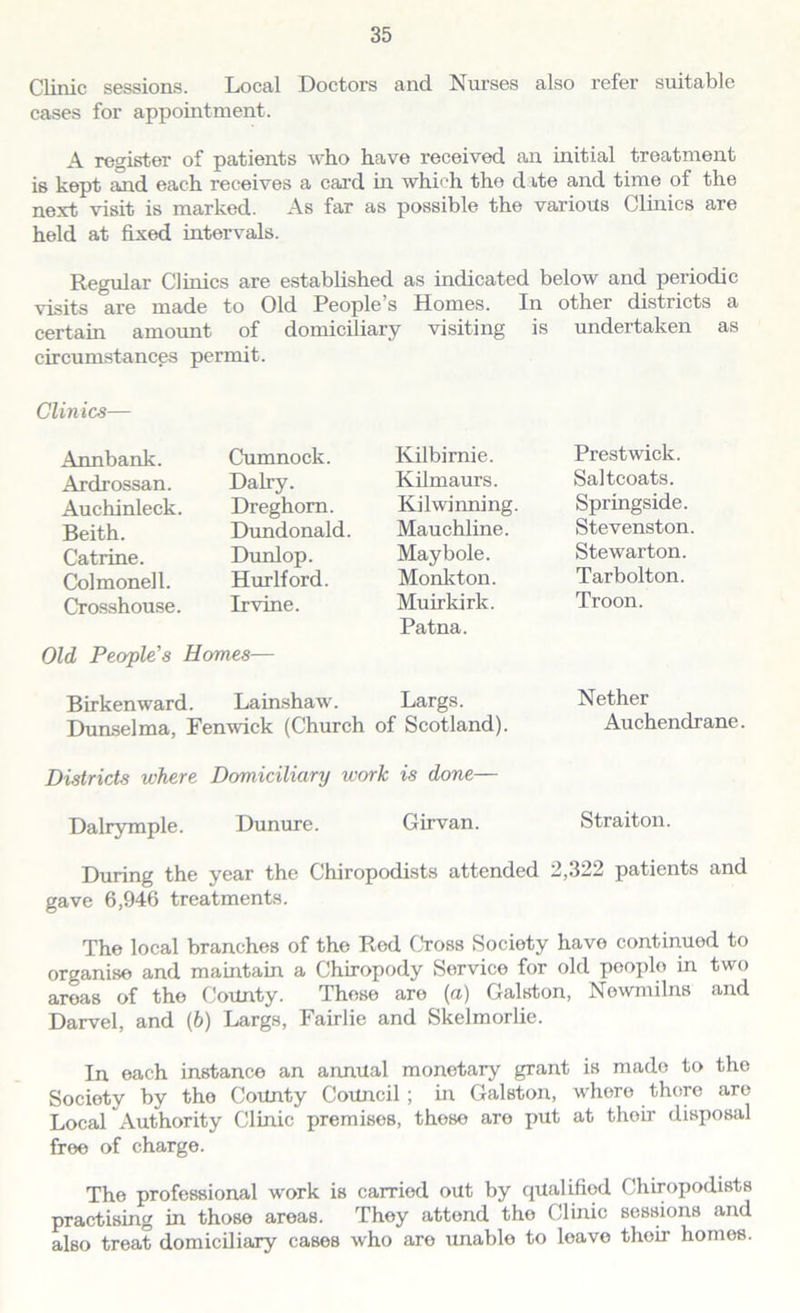 Clinic sessions. Local Doctors and Nurses also refer suitable cases for appointment. A register of patients who have received an initial treatment is kept and each receives a card in which the date and time of the next visit is marked. As far as possible the various Clinics are held at fixed intervals. Regular Clinics are established as indicated below and periodic visits are made to Old People’s Homes. In other districts a certain amount of domiciliary visiting is undertaken as circumstances permit. Clinics— Annbank. Ardrossan. Auchinleck. Beith. Catrine. Colmonell. Crosshouse. Cumnock. Dairy. Dreghorn. Dundonald. Dunlop. Hurlford. Irvine. Kilbirnie. Kilmaurs. Kilwinning. Mauchline. May bole. Monk ton. Muir lurk. Patna. Largs. of Scotland). Prestwick. Saltcoats. Springside. Stevenston Stewarton. Tarbolton. Troon. Nether Auchendrane. Old People's Homes— Birkenward. Lainshaw. Dunselma, Fenwick (Church Districts where Domiciliary work is done— Dalrymple. Dunure. Girvan. Straiton. During the year the Chiropodists attended 2,322 patients and gave 6,946 treatments. The local branches of the Red Cross Society havo continued to organise and maintain a Chiropody Service for old peoplo in two areas of the County. These are (a) Galston, Newmilns and Darvel, and (b) Largs, Fairlie and Skelmorlie. In each instance an annual monetary grant is made to the Society by the County Council ; in Galston, whore there are Local Authority Clinic premises, these are put at their disposal free of charge. The professional work is carried out by qualified Chiropodists practising in those areas. They attend the Clinic sessions and also treat domiciliary cases who aro unable to leave thoir homes.