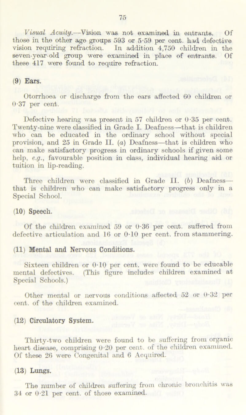 Visual Acuity.—Vision was not examined, in entrants. Of those in the other age groups 593 or 5-59 per cent, had defective vision requiring refraction. In addition 4,750 children in the seven-year-old group were examined in place of entrants. Of these 417 were found to require refraction. (9) Ears. Otorrhoea or discharge from the ears affected 60 children or 0-37 per cent. Defective hearing Avas present in 57 children or 0-35 per cent. Twenty-nine were classified in Grade I. Deafness—that is children who can be educated in the ordinary school without special provision, and 25 in Grade II. (a) Deafness—that is children who can make satisfactory progress in ordinary schools if given some help, e.g., favourable position in class, individual hearing aid or tuition in Up-reading. Three children were classified in Grade II. (b) Deafness— that is children who can make satisfactory progress only in a Special School. (10) Speech. Of the children examined 59 or 0-36 per cent, suffered from defective articulation and 16 or 0-10 per cent, from stammering. (11) Mental and Nervous Conditions. Sixteen children or 0-10 per cent, were found to be educable mental defectives. (This figure includes children examined at Special Schools.) Other mental or nervous conditions affectod 52 or 0-32 per cent, of the children examined. (12) Circulatory System. Thirty-two children were found to be suffering from organic heart disease, comprising 020 per cent, of the children oxaminod. Of these 26 were Congenital and 6 Acquired. (13) Lungs. The number of children suffering from chronic bronchitis was 34 or 0-21 per cent, of those examined.