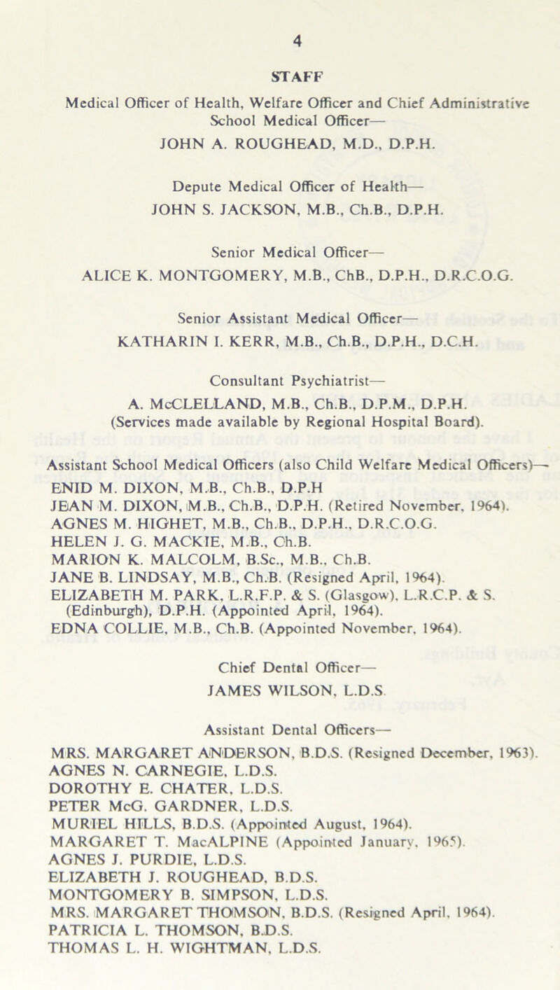 STAFF Medical Officer of Health, Welfare Officer and Chief Administrative School Medical Officer— JOHN A. ROUGHEAD, M.D., D.P.H. Depute Medical Officer of Health— JOHN S. JACKSON, M B., Ch.B., D.P.H. Senior Medical Officer— ALICE K. MONTGOMERY, M.B., ChB., D.P.H., D.R.C.O.G. Senior Assistant Medical Officer— KATHARIN I. KERR, M.B., Ch.B., D.P.H.. D.C.H. Consultant Psychiatrist— a. McClelland, m.b., ch.B., d.p.m., d.p.h. (Services made available by Regional Hospital Board). Assistant School Medical Officers (also Child Welfare Medical Officers)—- ENID M. DIXON, M.B., Ch.B., D.P.H JEiAN M. DIXON, M.B., Ch.B., D.P.H. (Retired November. 1964). AGNES M. HIGHET, M.B., Ch.B.. D.P.H.. D.R.C.O.G. HELEN J. G. MACKIE, M.B., Ch.B. MARION K. MALCOLM, B.Sc., M B.. Ch.B. JANE B. LINDSAY, M.B., Ch.B. (Resigned April. 1964). ELIZABETH M. PARK. L.R.F.P. & S. (Glasgow). L.R.C.P. & S. (Edinburgh), D.P.H. (Appointed April, 1964). EDNA COLLIE. M.B., Ch.B. (Appointed November. 1964). Chief Dental Officer— JAMES WILSON. L.D.S Assistant Dental Officers— MRS. MARGARET ANDERSON. B.D.S. (Resigned December. 1963). AGNES N. CARNEGIE, L.D.S. DOROTHY E. CHATER. L.D.S. PETER McG. GARDNER. L.D.S. MURIEL HILLS, B.D.S. (Appointed August. 1964). MARGARET T. MacALPINE (Appointed January. 1965). AGNES J. PURDIE, L.D.S. ELIZABETH J. ROUGHEAD. B.D.S. MONTGOMERY B. SIMPSON. L.D.S. MRS. MARGARET THOMSON. B.D.S. (Resigned April, 1964). PATRICIA L. THOMSON. B.D.S. THOMAS L. H. WTGHTMAN. L.D.S.