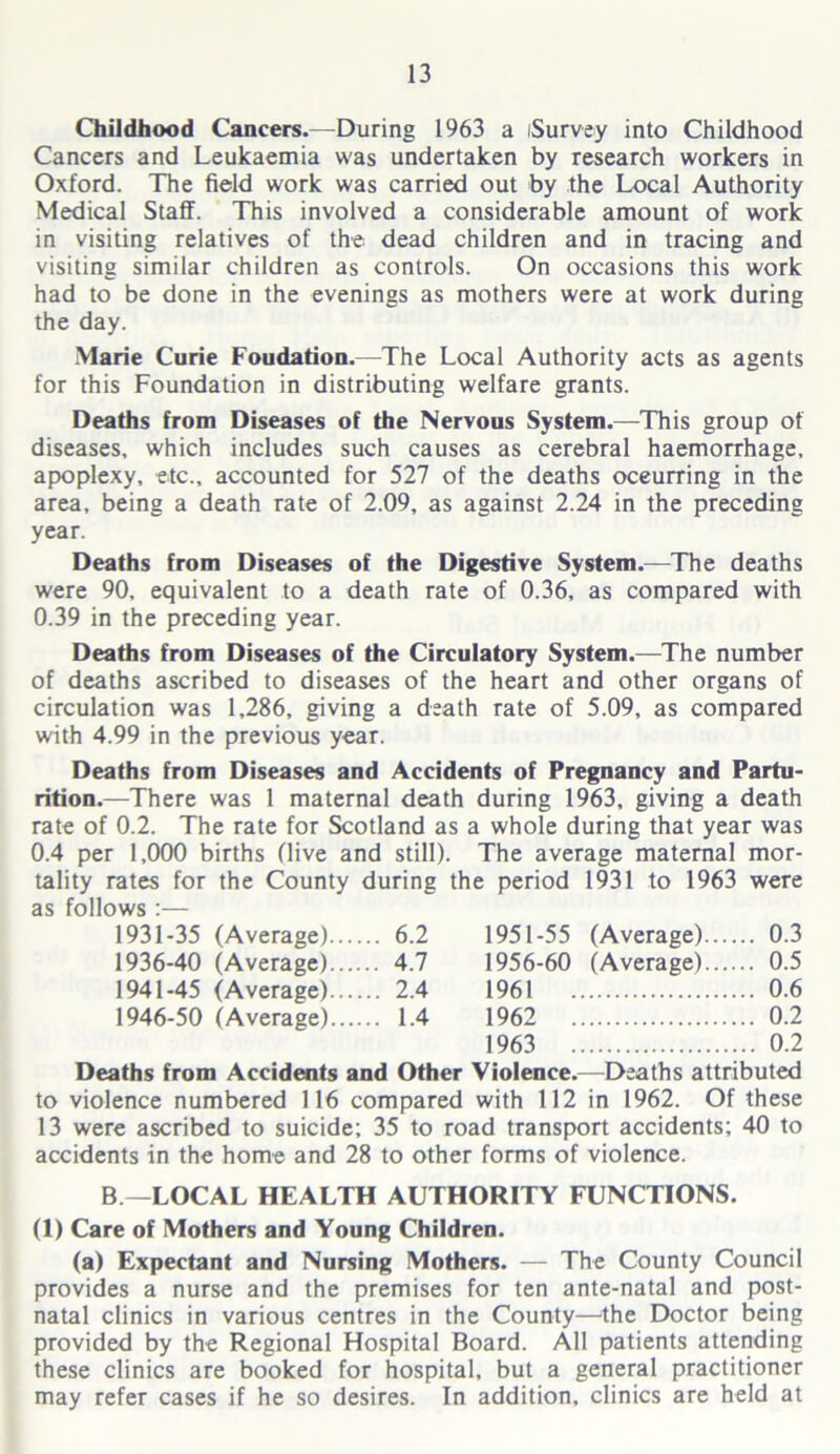 Childhood Cancers.—During 1963 a iSurvey into Childhood Cancers and Leukaemia was undertaken by research workers in Oxford. The field work was carried out by the Local Authority Medical Staff. This involved a considerable amount of work in visiting relatives of the dead children and in tracing and visiting similar children as controls. On occasions this work had to be done in the evenings as mothers were at work during the day. Marie Curie Foudation.—The Local Authority acts as agents for this Foundation in distributing welfare grants. Deaths from Diseases of the Nervous System.—This group of diseases, which includes such causes as cerebral haemorrhage, apoplexy, etc., accounted for 527 of the deaths occurring in the area, being a death rate of 2.09, as against 2.24 in the preceding year. Deaths from Diseases of the Digestive System.—The deaths were 90, equivalent to a death rate of 0.36, as compared with 0.39 in the preceding year. Deaths from Diseases of the Circulatory System.—The number of deaths ascribed to diseases of the heart and other organs of circulation was 1,286, giving a death rate of 5.09, as compared with 4.99 in the previous year. Deaths from Diseases and Accidents of Pregnancy and Partu- rition.—There was 1 maternal death during 1963, giving a death rate of 0.2. The rate for Scotland as a whole during that year was 0.4 per 1,000 births (live and still). The average maternal mor- tality rates for the County during the period 1931 to 1963 were as follows :— 1931-35 (Average) 6.2 1951-55 (Average) .. 0.3 1936-40 (Average) 4.7 1956-60 (Average) . 0.5 1941-45 (Average) 2.4 1961 .. 0.6 1946-50 (Average) 1.4 1962 .. 0.2 1963 .. 0.2 Deaths from Accidents and Other Violence.—Deaths attributed to violence numbered 116 compared with 112 in 1962. Of these 13 were ascribed to suicide; 35 to road transport accidents; 40 to accidents in the home and 28 to other forms of violence. B —LOCAL HEALTH AUTHORITY FUNCTIONS. (1) Care of Mothers and Young Children. (a) Expectant and Nursing Mothers. — The County Council provides a nurse and the premises for ten ante-natal and post- natal clinics in various centres in the County—the Doctor being provided by the Regional Hospital Board. AH patients attending these clinics are booked for hospital, but a general practitioner may refer cases if he so desires. In addition, clinics are held at