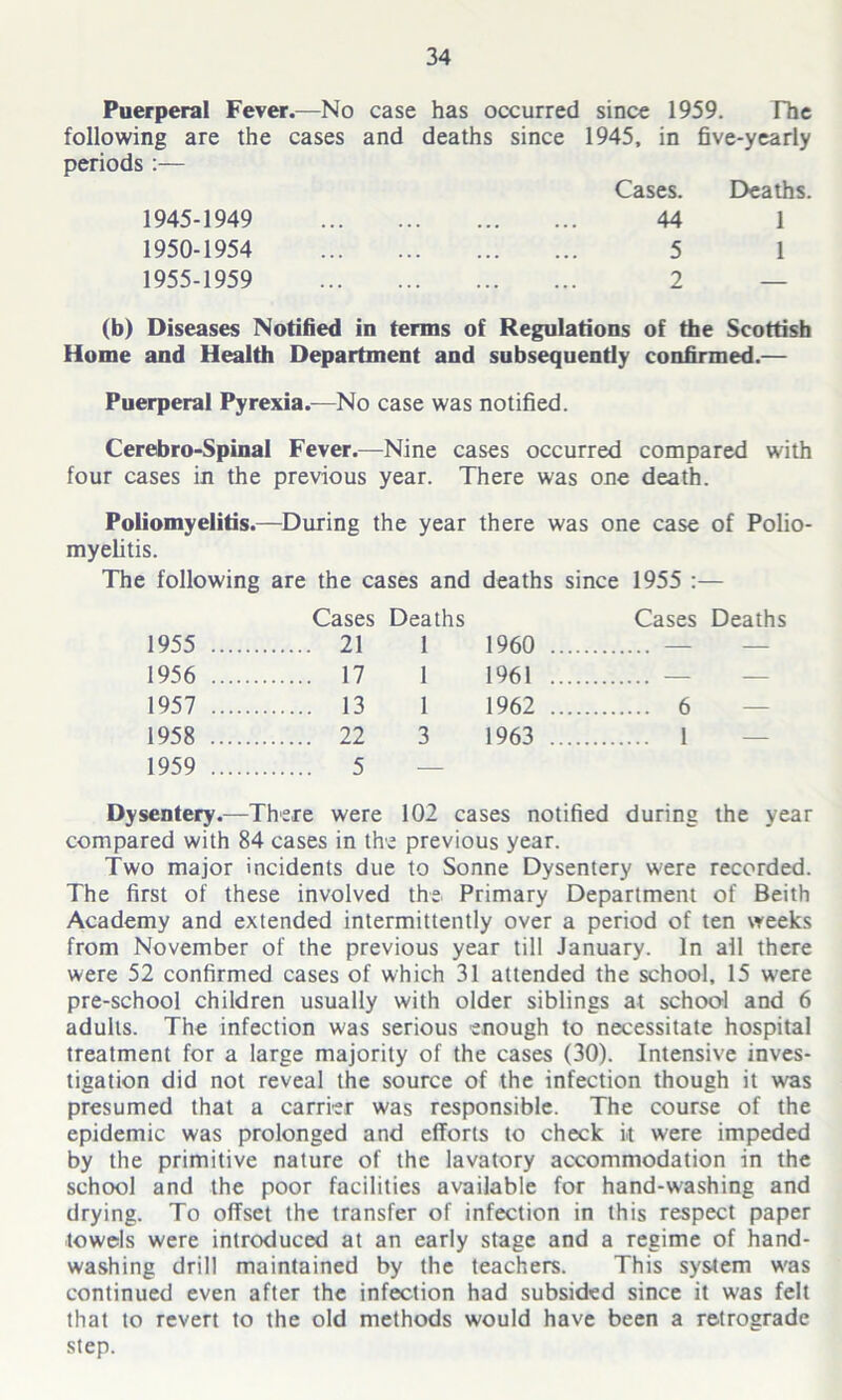 Puerperal Fever.—No case has occurred since 1959. The following are the cases and deaths since 1945, in five-yearly periods :— Cases. Deaths. 1945-1949 44 1 1950-1954 5 1 1955-1959 2 — (b) Diseases Notified in terms of Regulations of the Scottish Home and Health Department and subsequently confirmed.— Puerperal Pyrexia.-—No case was notified. Cerebro-Spinal Fever.—Nine cases occurred compared with four cases in the previous year. There was one death. Poliomyelitis.—During the year there was one case of Polio- myelitis. The following are the cases and deaths since 1955 :— Cases Deaths Cases Deaths 1955 21 1 1960 — — 1956 17 1 1961 — — 1957 13 1 1962 6 — 1958 22 3 1963 1 — 1959 5 — Dysentery.—There were 102 cases notified during the year compared with 84 cases in the previous year. Two major incidents due to Sonne Dysentery were recorded. The first of these involved the Primary Department of Beith Academy and extended intermittently over a period of ten weeks from November of the previous year till January. In all there were 52 confirmed cases of which 31 attended the school, 15 were pre-school children usually with older siblings at school and 6 adults. The infection was serious enough to necessitate hospital treatment for a large majority of the cases (30). Intensive inves- tigation did not reveal the source of the infection though it was presumed that a carrier was responsible. The course of the epidemic was prolonged and efforts to check it were impeded by the primitive nature of the lavatory accommodation in the school and the poor facilities available for hand-washing and drying. To offset the transfer of infection in this respect paper towels were introduced at an early stage and a regime of hand- washing drill maintained by the teachers. This system w'as continued even after the infection had subsided since it was felt that to revert to the old methods would have been a retrograde step.