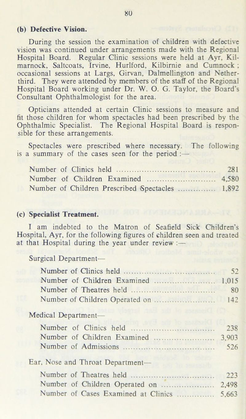 81) (b) Defective Vision. During the session the examination of children with defective vision was continued under arrangements made with the Regional Hospital Board. Regular Clinic sessions were held at Ayr, Kil- marnock, Saltcoats, Irvine, Hurlford, Kilbirnie and Cumnock ; occasional sessions at Largs, Girvan, Dalmellington and Nether- third. They were attended by members of the staff of the Regional Hospital Board working under Dr. W. O. G. Taylor, the Board’s Consultant Ophthalmologist for the area. Opticians attended at certain Clinic sessions to measure and fit those children for whom spectacles had been prescribed by the Ophthalmic Specialist. The Regional Hospital Board is respon- sible for these arrangements. Spectacles were prescribed where necessary. The following is a summary of the cases seen for the period :— Number of Clinics held 281 Number of Children Examined 4,580 Number of Children Prescribed Spectacles 1,892 (c) Specialist Treatment. I am indebted to the Matron of Seafield Sick Children's Hospital, Ayr, for the following figures of children seen and treated at that Hospital during the year under review :— Surgical Department— Number of Clinics held 52 Number of Children Examined 1.015 Number of Theatres held 80 Number of Children Operated on 142 Medical Department— Number of Clinics held 238 Number of Children Examined 3,903 Number of Admissions 526 Ear, Nose and Throat Department— Number of Theatres held 223 Number of Children Operated on 2,498 Number of Cases Examined at Clinics 5,663