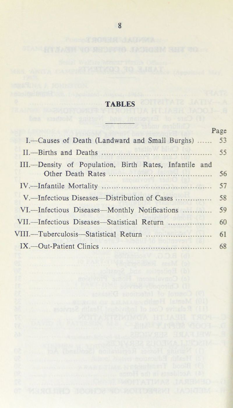 TABLES Page I.—Causes of Death (Landward and Small Burghs) 53 II.—Births and Deaths 55 III. —Density of Population, Birth Rates, Infantile and Other Death Rates 56 IV. —Infantile Mortality 57 V.—Infectious Diseases—Distribution of Cases 58 VI.—Infectious Diseases—Monthly Notifications 59 VII.—Infectious Diseases—Statistical Return 60 VIII.—Tuberculosis—Statistical Return 61 IX.—Out-Patient Clinics 68