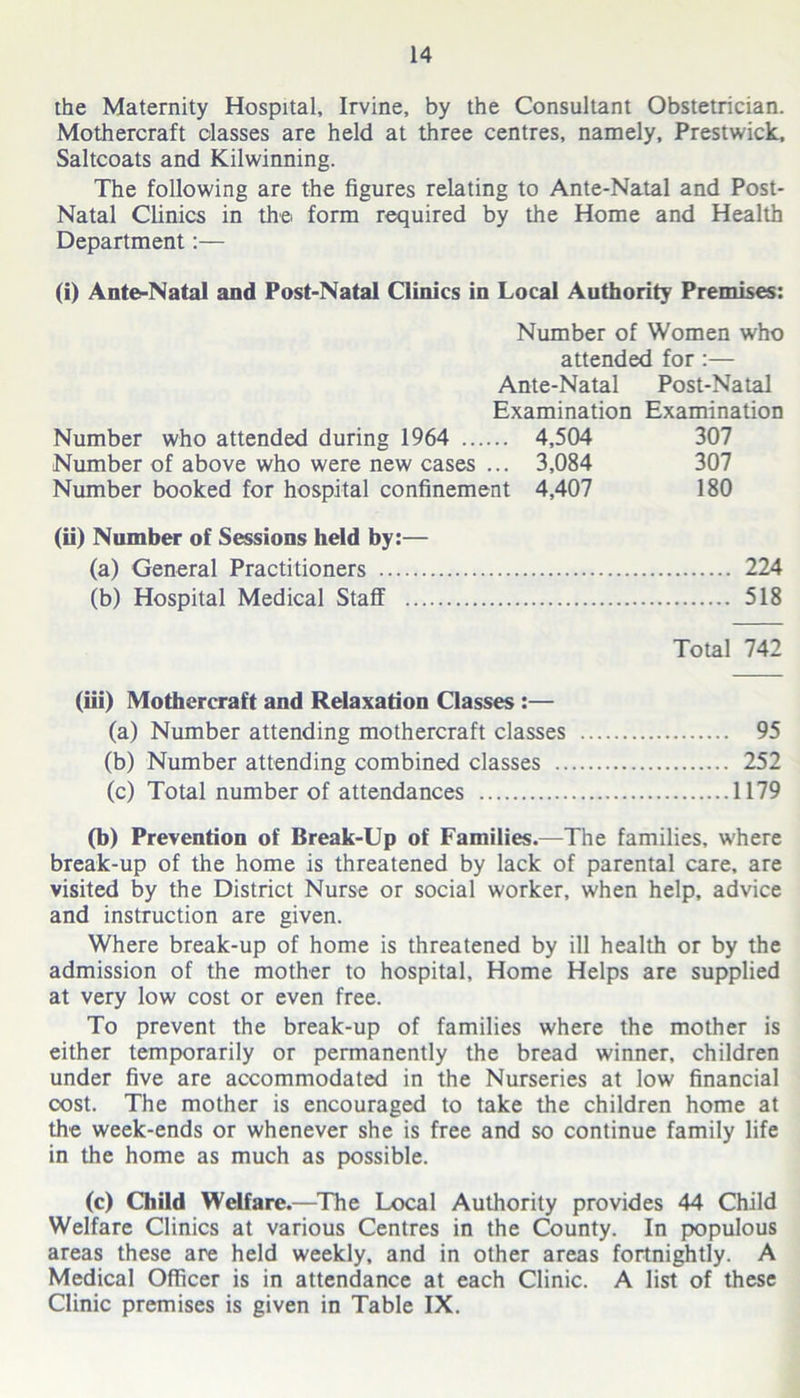 the Maternity Hospital, Irvine, by the Consultant Obstetrician. Mothercraft classes are held at three centres, namely, Prestwick, Saltcoats and Kilwinning. The following are the figures relating to Ante-Natal and Post- Natal Clinics in the form required by the Home and Health Department:— (i) Ante-Natal and Post-Natal Clinics in Local Authority Premises: Number of Women who attended for :— Ante-Natal Post-Natal Examination Examination Number who attended during 1964 4,504 307 Number of above who were new cases ... 3,084 307 Number booked for hospital confinement 4,407 180 (ii) Number of Sessions held by:— (a) General Practitioners 224 (b) Hospital Medical Staff 518 Total 742 (iii) Mothercraft and Relaxation Classes :— (a) Number attending mothercraft classes 95 (b) Number attending combined classes 252 (c) Total number of attendances 1179 (b) Prevention of Break-Up of Families.—The families, where break-up of the home is threatened by lack of parental care, are visited by the District Nurse or social worker, when help, advice and instruction are given. Where break-up of home is threatened by ill health or by the admission of the mother to hospital, Home Helps are supplied at very low cost or even free. To prevent the break-up of families where the mother is either temporarily or permanently the bread winner, children under five are accommodated in the Nurseries at low financial cost. The mother is encouraged to take the children home at the week-ends or whenever she is free and so continue family life in the home as much as possible. (c) Child Welfare.—The Local Authority provides 44 Child Welfare Clinics at various Centres in the County. In populous areas these are held weekly, and in other areas fortnightly. A Medical Officer is in attendance at each Clinic. A list of these Clinic premises is given in Table IX.