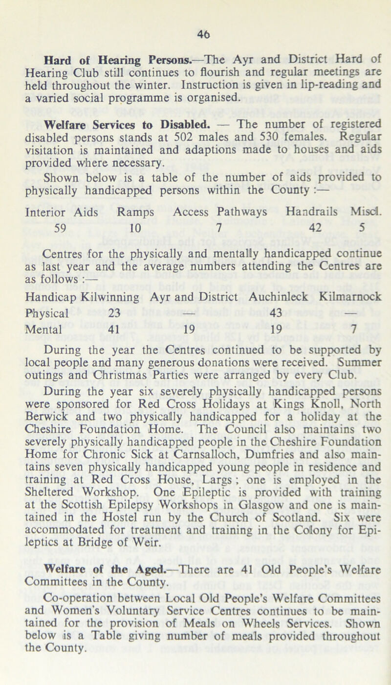 Hard of Hearing Persons.—The Ayr and District Hard of Hearing Club still continues to flourish and regular meetings are held throughout the winter. Instruction is given in lip-reading and a varied social programme is organised. Welfare Services to Disabled. — The number of registered disabled persons stands at 502 males and 530 females. Regular visitation is maintained and adaptions made to houses and aids provided where necessary. Shown below is a table of the number of aids provided to physically handicapped persons within the County :— Interior Aids Ramps Access Pathways Handrails Misd. 59 10 7 42 5 Centres for the physically and mentally handicapped continue as last year and the average numbers attending the Centres are as follows:— Handicap Kilwinning Ayr and District Auchinleck Kilmarnock Physical 23 — 43 — Mental 41 19 19 7 During the year the Centres continued to be supported by local people and many generous donations were received. Summer outings and Christmas Parties were arranged by every Club. During the year six severely physically handicapped persons were sponsored for Red Cross Holidays at Kings Knoll, North Berwick and two physically handicapped for a holiday at the Cheshire Foundation Home. The Council also maintains two severely physically handicapped people in the Cheshire Foundation Home for Chronic Sick at Carnsalloch, Dumfries and also main- tains seven physically handicapped young people in residence and training at Red Cross House, Largs ; one is employed in the Sheltered Workshop. One Epileptic is provided with training at the Scottish Epilepsy Workshops in Glasgow and one is main- tained in the Hostel run by the Church of Scotland. Six were accommodated for treatment and training in the Colony for Epi- leptics at Bridge of Weir. Welfare of the Aged.—There are 41 Old People’s Welfare Committees in the County. Co-operation between Local Old People’s Welfare Committees and Women’s Voluntary Service Centres continues to be main- tained for the provision of Meals on Wheels Services. Shown below is a Table giving number of meals provided throughout the County.