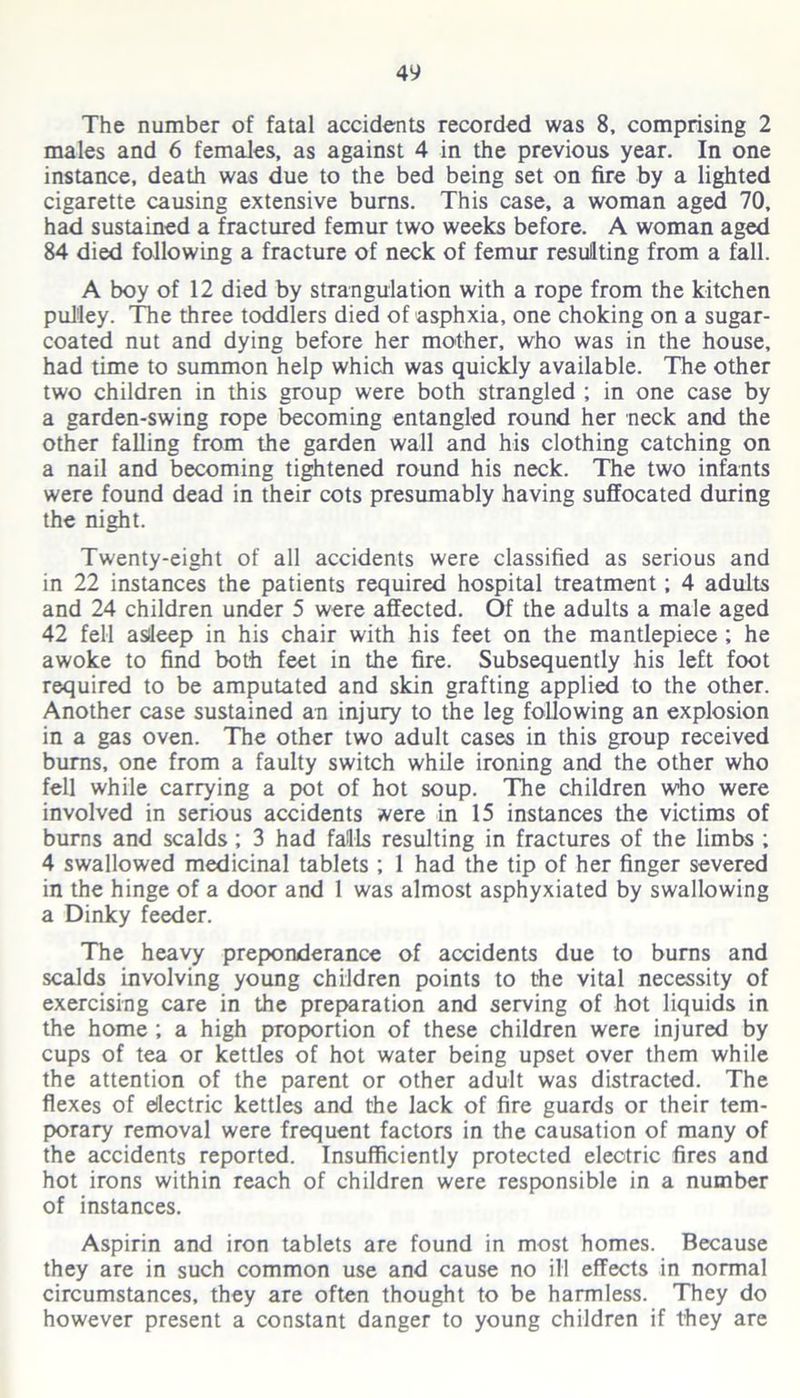 The number of fatal accidents recorded was 8, comprising 2 males and 6 females, as against 4 in the previous year. In one instance, death was due to the bed being set on fire by a lighted cigarette causing extensive burns. This case, a woman aged 70, had sustained a fractured femur two weeks before. A woman aged 84 died following a fracture of neck of femur resullting from a fall. A boy of 12 died by strangulation with a rope from the kitchen pulley. The three toddlers died of asphxia, one choking on a sugar- coated nut and dying before her mother, who was in the house, had time to summon help which was quickly available. The other two children in this group were both strangled ; in one case by a garden-swing rope becoming entangled round her neck and the other falling from the garden wall and his clothing catching on a nail and becoming tightened round his neck. The two infants were found dead in their cots presumably having suffocated during the night. Twenty-eight of all accidents were classified as serious and in 22 instances the patients required hospital treatment; 4 adults and 24 children under 5 were affected. Of the adults a male aged 42 fell asleep in his chair with his feet on the mantlepiece ; he awoke to find both feet in the fire. Subsequently his left foot required to be amputated and skin grafting applied to the other. Another case sustained an injury to the leg following an explosion in a gas oven. The other two adult cases in this group received bums, one from a faulty switch while ironing and the other who fell while carrying a pot of hot soup. The children who were involved in serious accidents were in 15 instances the victims of burns and scalds ; 3 had falls resulting in fractures of the limbs ; 4 swallowed medicinal tablets ; 1 had the tip of her finger severed in the hinge of a door and 1 was almost asphyxiated by swallowing a Dinky feeder. The heavy preponderance of accidents due to bums and scalds involving young children points to the vital necessity of exercising care in the preparation and serving of hot liquids in the home ; a high proportion of these children were injured by cups of tea or kettles of hot water being upset over them while the attention of the parent or other adult was distracted. The flexes of electric kettles and the lack of fire guards or their tem- porary removal were frequent factors in the causation of many of the accidents reported. Insufficiently protected eleotric fires and hot irons within reach of children were responsible in a number of instances. Aspirin and iron tablets are found in most homes. Because they are in such common use and cause no ill effects in normal circumstances, they are often thought to be harmless. They do however present a constant danger to young children if they are