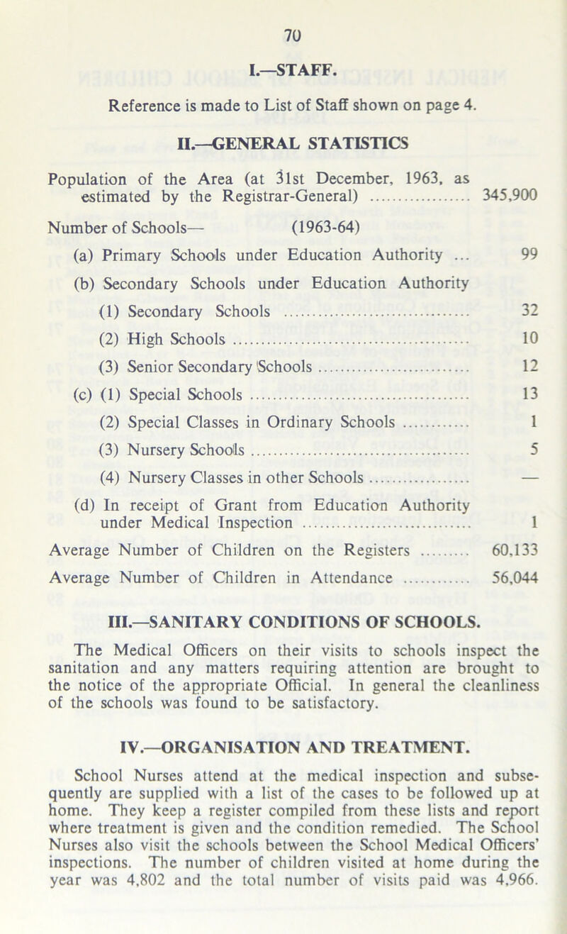 I.—STAFF. Reference is made to List of Staff shown on page 4. II.—GENERAL STATISTICS Population of the Area (at 31st December, 1963, as estimated by the Registrar-General) 345,900 Number of Schools— (1963-64) (a) Primary Schools under Education Authority ... 99 (b) Secondary Schools under Education Authority (1) Secondary Schools 32 (2) High Schools 10 (3) Senior Secondary Schools 12 (c) (1) Special Schools 13 (2) Special Classes in Ordinary Schools 1 (3) Nursery Schools 5 (4) Nursery Classes in other Schools — (d) In receipt of Grant from Education Authority under Medical Inspection 1 Average Number of Children on the Registers 60,133 Average Number of Children in Attendance 56,044 III.—SANITARY CONDITIONS OF SCHOOLS. The Medical Officers on their visits to schools inspect the sanitation and any matters requiring attention are brought to the notice of the appropriate Official. In general the cleanliness of the schools was found to be satisfactory. IV.—ORGANISATION AND TREATMENT. School Nurses attend at the medical inspection and subse- quently are supplied with a list of the cases to be followed up at home. They keep a register compiled from these lists and report where treatment is given and the condition remedied. The School Nurses also visit the schools between the School Medical Officers’ inspections. The number of children visited at home during the year was 4.802 and the total number of visits paid was 4,966.