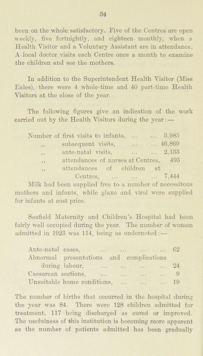 been on the whole: satisfactory. Five of the Centres are open weekly, five fortnightly, and eighteen monthly, when a Health Visitor and a Voluntary Assistant are in attendance. A local doctor visits each Centre once a month to examine the children and see the mothers. In addition to the Superintendent Health Visitor (Miss Eales), there were 4 whole-time and 40 part-time Health Visitors at the close of the year. The following figures give an indication of the work carried out by the Health Visitors during the year: — Number of first visits to infants, ... ... 3,985 ,, subsequent visits, ... ... 46,869 ,, ante-natal visits, ... ... 2,133 ,, attendances of nurses at Centres, 495 ,, attendances of children at Centres, ... ... ... 7,444 Milk had been supplied free to a number of necessitous mothers and infants, wdiile glaxo and virol were supplied for infants at cost price. Seafield Maternity and Children’s Hospital had been fairly well occupied during the year. The number of women admitted in 1923 was 114, being as undernoted: — Ante-natal cases, ... ... .. ... 62 Abnormal presentations and complications during labour, ... ... ... ... 24 Caesarean sections, 9 Unsuitable home conditions, ... ... ... 19 The number of births that occurred in the hospital during the year was 84. There were 128 children admitted for treatment, 117 being discharged as cured or improved. The usefulness of this institution is becoming more apparent as the number of patients admitted has been gradually