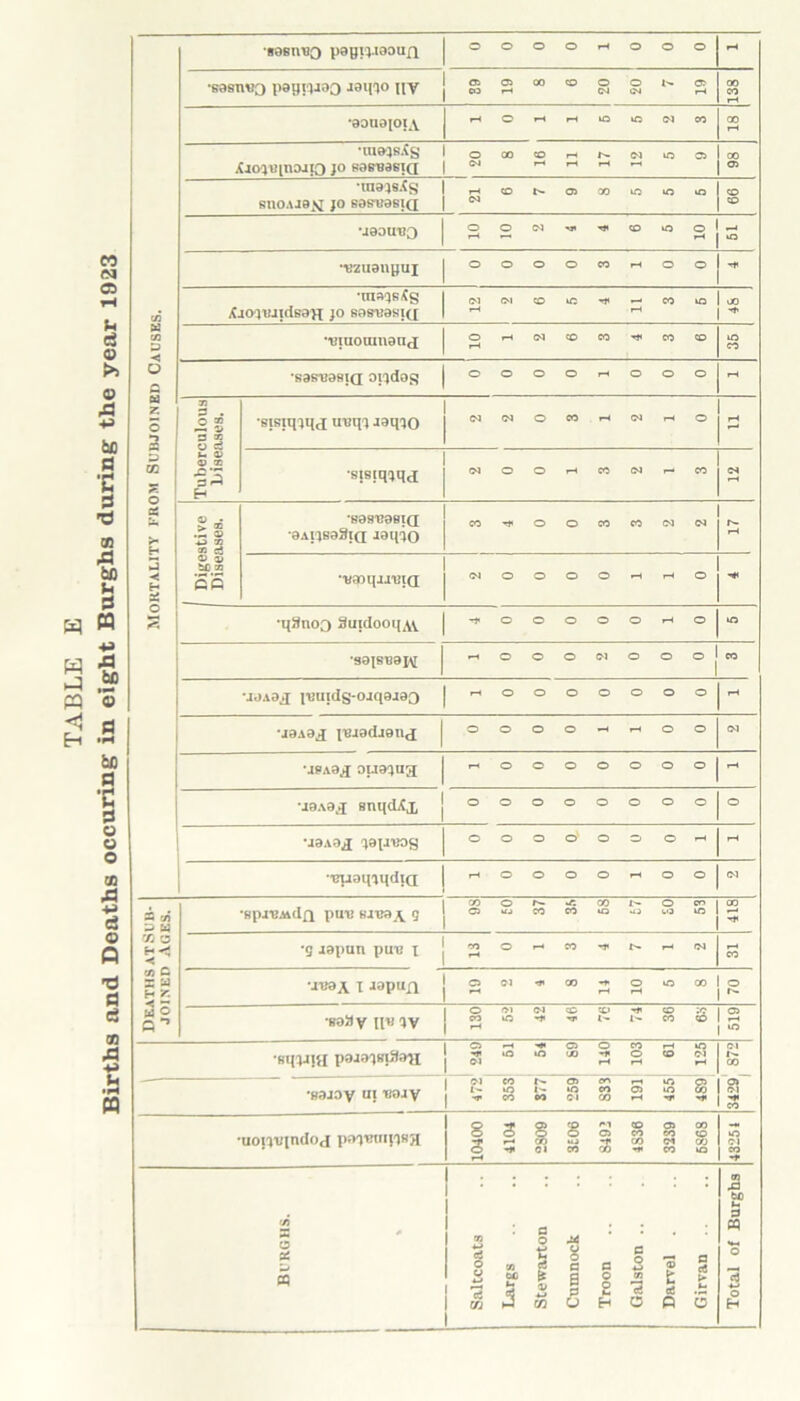 TABLE E Births and Deaths occuring in eight Burghs during the year 1923 Mortality from Subjoined Causes. •tosn^o p9g13.10ou.fi •sasnwo pagiirao Jsqio UV J £ 2 00 ° g § * S 138 •0OU01OIAV i-iOf-Hr-iiOmtMCO 00 rH 'lUO'JsXg I ocoeor—ii^e-iioolco XlO^UinDJlO JO B0BB0SIQ | ^ ^ ^ ^ ~ | 03 'in0}SXS I rHCOt'-CTlOOuOiOO S11OAJ0M JO B0SB0BIQ | ** © 2 •■ezuanpui | ooooco^ioo ‘HISQfiXg Ol OI CO tO r* •—1 CO LO | 03 XaoqBJidsaH jo sasuasicf ^ M j ■* “uiuoninaiitj 10 1 2 6 3 4 3 6 lO •sas'Basja oil dag | oooor-iooo rH Tuberculous Diseases. •sjsiqiqa ire'll JaqiO (NOJOCOrHOlrH© r-4 •sisiipm.j <NO©rHC*5<Nr-CO Digestive Diseases. •HaSBOBIQ •0AI1S09IQ 101(30 co-hoococoimch 6 •'waoqai'BiQ <NOOOO»—<t—<o •q3noo iiui<Iooi(,\v | -*ooooo.-io *S0JSB0J\[ hqooimoooJm •J0A8J luuids-ojqajao | ■-'ooooooo r-H •joaBjI [eiadjanj | oooo-..-.oo <N •jpa0J ouo^ag !-<0©0©©0 0jrH ■ja.vaj BnqdXj, j oooooooo © •J0AOJ © © © o' © o © *-h rH •uuaqTi(di(X .ioooorHoo|<N Deaths atSub- joined Ages. •spxeMdfl pun Kiua^ g CO O r— ut CO r- O cnico ©kCiCOCOtOuJtOtOl*-1 1 ■ •g japun pun i J woww-nt-r-iej r-H CO •xea\ T Japu.fl j 2«-»<«>;5g*a>jg •saSy ifi; rv 130 52 42 46 76 74 36 63 519 •sifWa paJaimHaH 0—4H<CiOCOrHin '*IQ»OCO-*©COOI ©1 t—i r-H rH K 00 mioy ui tiojy 472 353 377 259 S3 3 191 455 4S9 ?i 3 •UOWJindOd pDO'BUII'JSH 10400 4104 2309 3506 8492 4S36 3239 6868 $ CO H* «/> o as p cq Saltcoats Largs Stewarton Cumnock Troon Galston .. Darvel . Girvan Total of Burghs