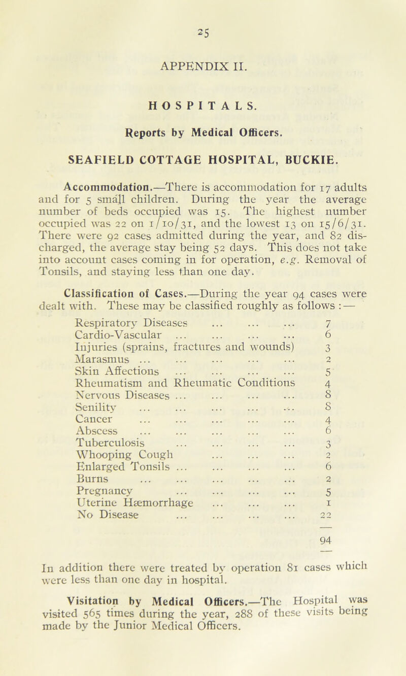 APPENDIX II. HOSPITALS. Reports by Medical Officers. SEAFIELD COTTAGE HOSPITAL, BUCKIE. Accommodation.—There is accommodation for 17 adults and for 5 small children. During the year the average number of beds occupied was 15. The highest number occupied was 22 on 1/10/31, and the lowest 13 on 15/6/31. There were 92 cases admitted during the year, and 82 dis- charged, the average stay being 52 days. This does not take into account cases coming in for operation, e.g. Removal of Tonsils, and staying less than one day. Classification of Cases.—During the year 94 cases were dealt with. These may be classified roughly as follows : — Respiratory Diseases 7 Cardio-Vascular 6 Injuries (sprains, fractures and wounds) 3 Marasmus ... 2 Skin Affections 5 Rheumatism and Rheumatic Conditions 4 Nervous Diseases ... 8 Senility 8 Cancer 4 Abscess 6 Tuberculosis 3 Whooping Cough 2 Enlarged Tonsils ... 6 Burns 2 Pregnancy 5 Uterine Hemorrhage 1 No Disease 22 94 In addition there were treated by operation 81 were less than one day in hospital. cases which Visitation by Medical Officers.—The Hospital was visited 565 times during the year, 288 of these visits being made by the Junior Medical Officers.