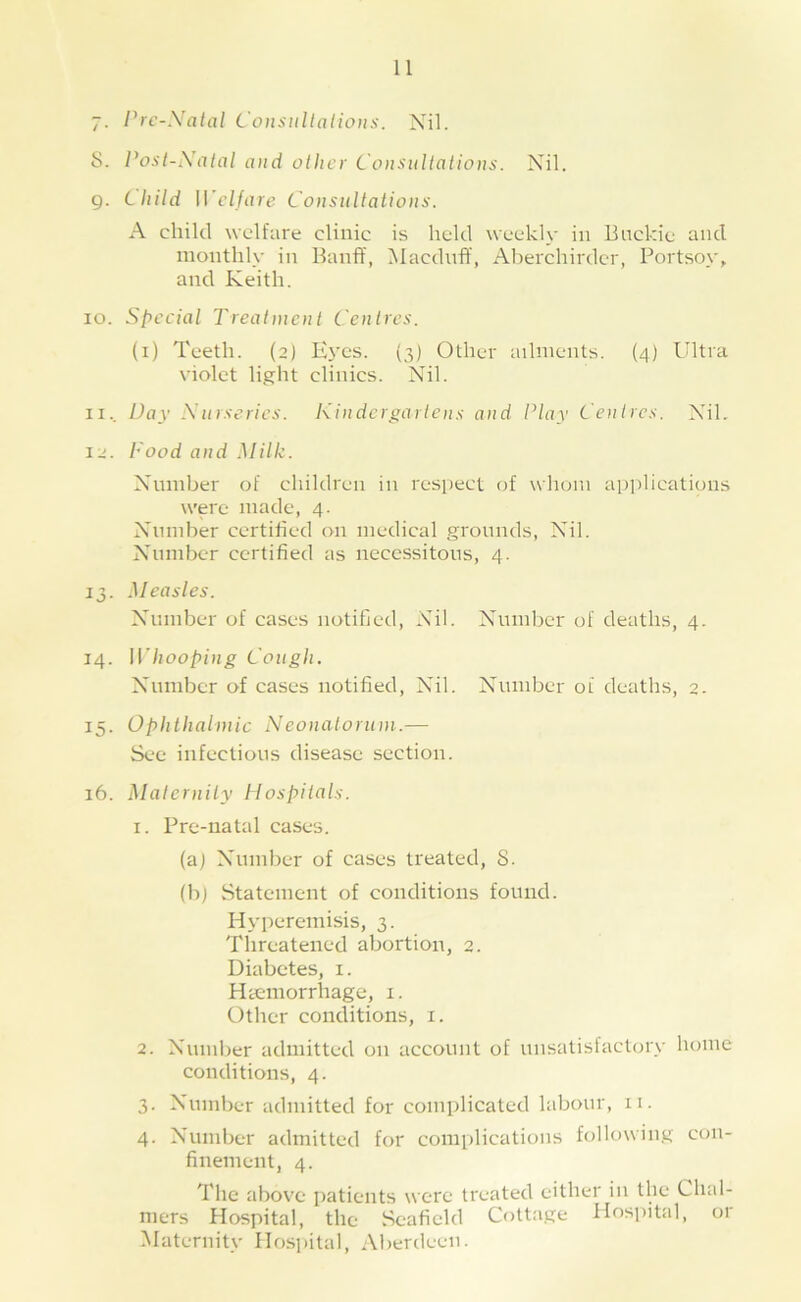 l^rc-\'atal Consitltalious. Nil. S. Post-Natal and other Consultations. Nil. g. Child W’clfare Consultations. A child welfare clinic is held weekly in Buckie and monthly in Banff, Macduff, Aberchirdcr, Portsoy, and Keith. lo. Special Treatment Centres. (i) Teeth. (2) Kyes. (3) Other ailments. (4) Ultra violet light clinics. Nil. II.. Day Nurseries. Kindcroarte)is a)id Play Centres. Nil. 12. Pood and Millc. Number of children in respect of whom applications were made, 4. Number certiffed on medical grounds. Nil. Number certified as necessitous, 4. 13. Measles. Number of cases notified. Nil. Number of deaths, 4. 14. Whooping Cough. Number of cases notified. Nil. Number of deaths, 2. 15. Ophthalmic Neonatorum.— See infectious disease section. 16. Maternity Hospitals. 1. Pre-natal cases. (aj Number of cases treated, S. (b) .Statement of conditions found. Hyperemisis, 3. Threatened abortion, 2. Diabetes, i. Haemorrhage, i. Other conditions, i. 2. Number admitted on account of unsatisfactory home conditions, 4. 3. Number admitted for complicated labour, 11. 4. Number admitted for complications following con- finement, 4. Tlie above patients were treated either in the Lhal- mers Hospital, the Seaficld Cottage Hospital, or ^Maternity Hospital, Aberdeen.