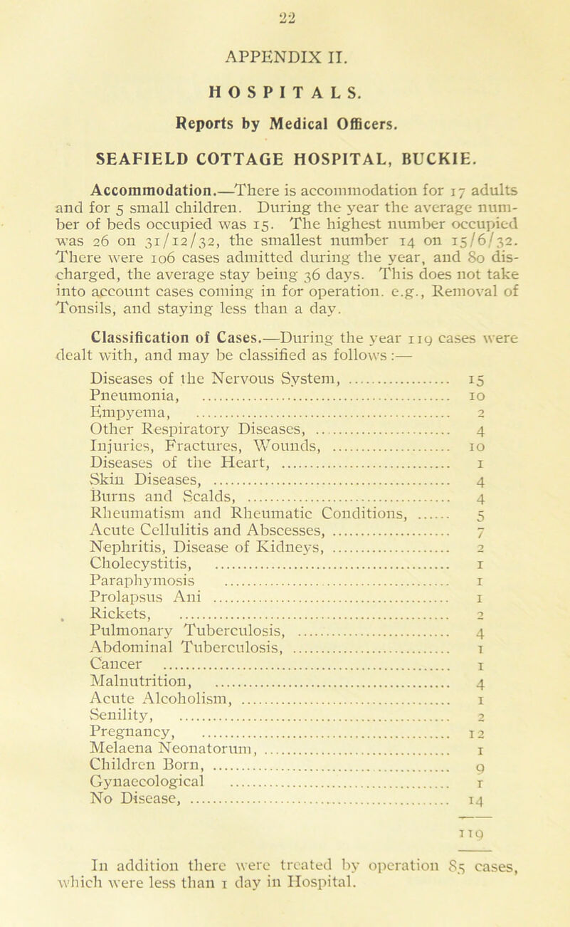 HOSPITALS. Reports by Medical Officers. SEAFIELD COTTAGE HOSPITAL, BUCKIE. Accommodation.—^There is accommodation for 17 adults and for 5 small children. During the year the average num- ber of beds occupied was 15. The highest number occupied was 26 on 31/12/32, the smallest number 14 on 15/6/32. There were 106 cases admitted during the year, and So dis- charged, the average stay being 36 days. This does not take into account cases coming in for operation, e.g., Removal of Tonsils, and staying less than a day. Classification of Cases.—During the year iiy cases were dealt with, and may be classified as follows:— Diseases of the Nervous System, 15 Pneumonia, 10 Empyema, 2 Other Respiratory Diseases, 4 Injuries, Fractures, Wounds, 10 Diseases of the Heart, i Skin Diseases, 4 Burns and Scalds, 4 Rheumatism and Rheumatic Conditions, 5 Acute Cellulitis and Abscesses, 7 Nephritis, Disease of Kidnevs, 2 Cholecystitis, i Paraphymosis i Prolapsus Ani i Rickets, 2 Pulmonary Tuberculosis, 4 Abdominal Tuberculosis, r Cancer i Malnutrition, 4 Acute Alcoholism, i Senility, 2 Pregnancy, 12 Melaena Neonatorum, i Children Born q Gynaecological r No Disease, 14 119 In addition there were treated by operation 85 cases, which were less than i day in Hospital.