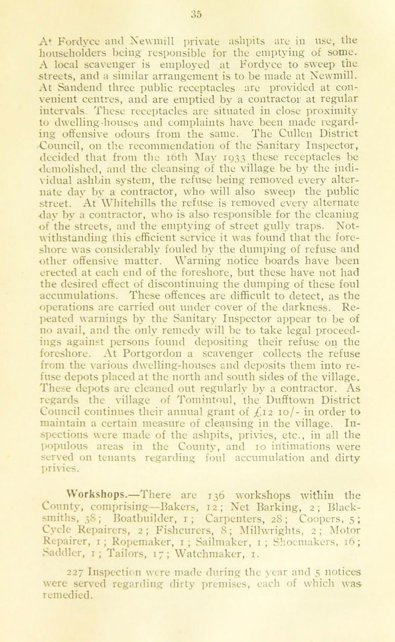 ;55 A*^ Fordycc ami Xewiiiill jirivatc ashpits arc in use, the houschoklcrs being responsible for the emptying of some. A local scavenger is einploj’etl at Fordyce to sweep the streets, and a similar arrangement is to be made at Newmill. At Sandeiid three public receptacles are provided at con- venient centres, and are emptied by a contractor at regular intervals. These receptacles are situated in clo.se proximity to dwelling-houses and complaints have been made regard- ing offensive odours from the same. The Cullen District Council, on th.c recommendation of the Sanitary Inspector, decided that from the i6th May 1933 these receptacles be <lemolished, and the cleansing of the village be by the indi- vidual ashbin system, the refuse being removed every alter- nate day by a contractor, who will also sweep the public street. At W'liitehills the refuse is removed ever\ alternate <lay by a contractor, who' is also responsible for the cleaning of the streets, and the emptying of street gully traps. Not- withstanding this efficient service it was found that the fore- shore was considerably fouled by the dumping of refuse and other offensive matter. W'arning notice boards have been erected at each end of the foreshore, but these have not had the desired effect of discontinuing the dumping of these foul accumulations. These offences are difficult to detect, as the operations are carried out under cover of the darkness. Re- ])eated warnings by the Sanitary Inspector appear to be of no avail, and the only remedy will be to take legal proceed- ings against persons found depositing their refuse on the foreshore. At Portgordon a scavenger collects the refuse from the \ arious dwelling-houses and deposits them into re- fuse depots placed at the north and south sides of the village. These depots are cleaned out regularly by a contractor. As regards the village of Tomintoul, the Dufftown District Council continues their annual grant of £.12 10/- in order to maintain a certain measure of cleansing in the village. In- spections were made of the ashpits, privies, etc., in all the populous areas in the Count\', and 10 intimations were served on tenants regarding foul accumulation and dirty privies. VV'orkshops.—There are 136 workshops within the County, comprising—Bakers, 12; Net Barking, 2; Black- smiths, 38; Boatbuilder, i; Carpenters, 28; Coopers, 5; Cycle Repairers, 2; Fisheurers, 8; Millwriglits, 2; Motor Rex)airer, i; Ropemaker, r; Sailmaker, i ; Shoemakers, 16; Saddler, i ; Tailors, 17; Watchmaker, i. 227 Inspection were made during the \ ear and 5 notices wore served regarding dirty ])remises, each of which was remedied.