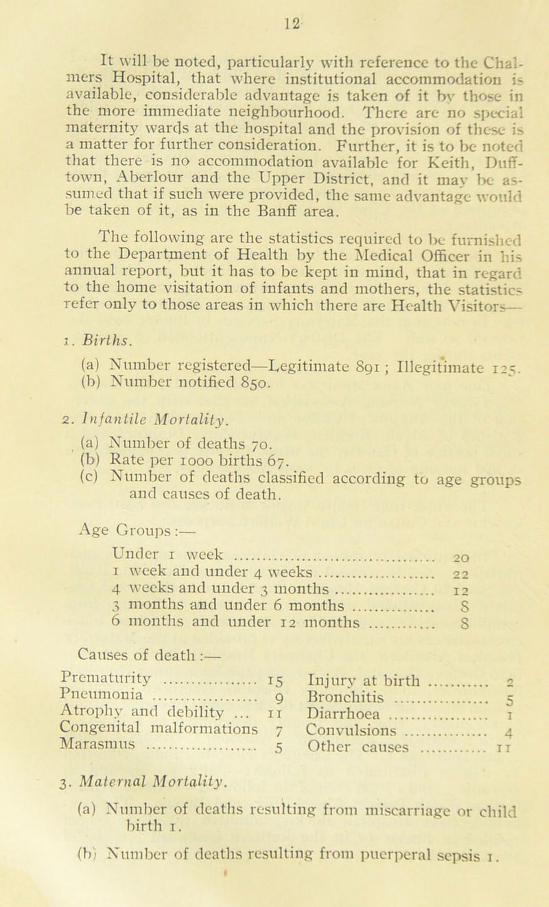 It will be noted, particularly with reference to the Chal- mers Hospital, that where institutional accommodation i- available, considerable advantage is taken of it bv those in the more immediate neighbourhood. There are no special maternity wards at the hospital and the provision of these is a matter for further consideration. Further, it is to be noted that there is no accommodation available for Keith, Duff- town, Aberlour and the Upper District, and it may be as- sumed that if such were provided, the same advantage would be taken of it, as in the Banff area. The following are the statistics required to be furnished to the Department of Health by the Medical Officer in his annual report, but it has to be kept in mind, that in regard to the home visitation of infants and mothers, the statistic- refer only to those areas in which there are Health Visitors— x. Births. (a) Number registered—Legitimate 891; Illegitimate 125. (b) Number notified 850. 2. Infantile Mortality. (a) Number of deaths 70. (b) Rate per 1000 births 67. (c) Number of deaths classified according to age groups and causes of death. Age Groups:— Under 1 week 20 1 week and under 4 weeks 22 4 weeks and under 3 months 12 3 months and under 6 months S 6 months and under 12 months S Causes of death :— Prematurity 15 Pneumonia 9 Atrophy and debility ... ir Congenital malformations 7 Marasmus c Injury at birth 2 Bronchitis 5 Diarrhoea r Convulsions 4 Other causes it 3. Maternal Mortality. (a) Number of deaths resulting from miscarriage or child birth 1. (b) Number of deaths resulting from puerperal sepsis 1.