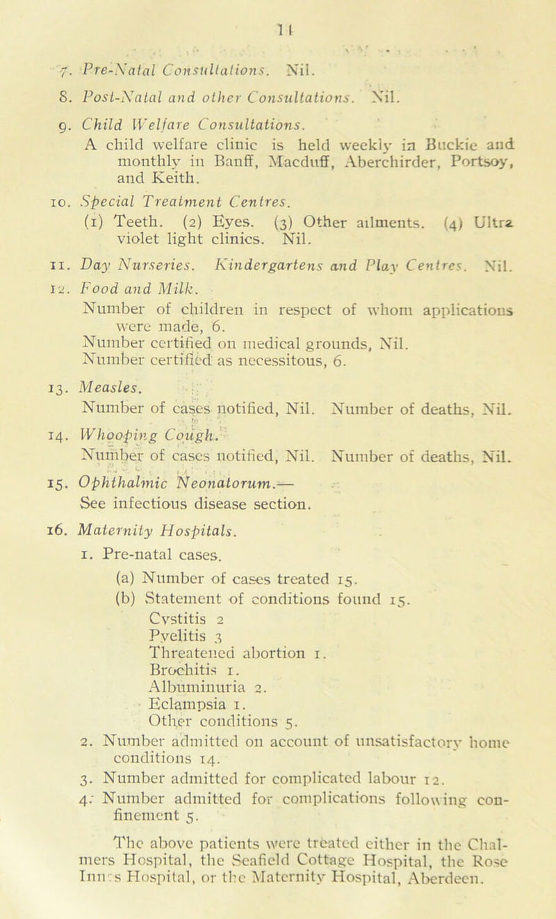 S. Post-Natal and other Consultations. Nil. 9. Child Welfare Consultations. A child welfare clinic is held weekly in Buckie and monthly in Banff, Macduff, Aberchirder, Portsoy, and Keith. 10. Special Treatment Centres. (1) Teeth. (2) Eyes. (3) Other ailments. (4) Ultra violet light clinics. Nil. 11. Day Nurseries. Kindergartens and Plo.y Centres. Nil. 12. Food and Milk. Number of children in respect of whom applications were made, 6. Number certified on medical grounds, Nil. Number certified as necessitous, 6. 13. Measles. Number of cases notified, Nil. Number of deaths, Nil. • - b? • • , ' 14. Whooping Cough. Number of cases notified, Nil. Number of deaths, Nil. 15. Ophthalmic Neonatorum.— See infectious disease section. 16. Maternity Hospitals. 1. Pre-natal cases. (a) Number of cases treated 15. (b) Statement of conditions found 15. Cystitis 2 Pyelitis 3 Threatened abortion 1. Brochitis 1. Albuminuria 2. Eclampsia 1. Other conditions 5. 2. Number admitted on account of unsatisfactory home conditions 14. 3. Number admitted for complicated labour 12. 4: Number admitted for complications following con- finement 5. The above patients were treated either in the Chal- mers Hospital, the Seafield Cottage Hospital, the Rose Inncs Hospital, or the Maternity Hospital, Aberdeen.