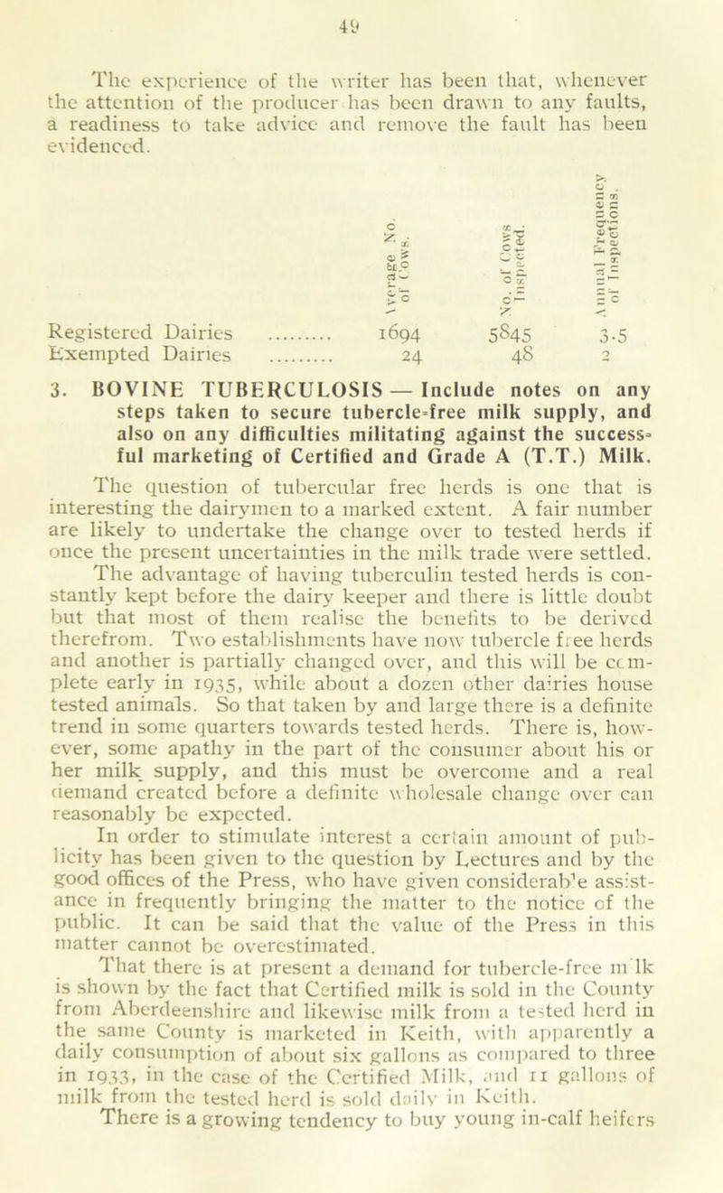 The experience of the writer lias been that, whenever the attention of the producer has been drawn to any faults, a readiness to take advice and remove the fault has been evidenced. O . S m 0) C 5 O 6 tc • gs err; .^0 Pu p. rt — O £ £0 c — c O Registered Dairies 1694 5845 3-5 Exempted Dairies 24 48 0 3. BOVINE TUBERCULOSIS — Include notes on any steps taken to secure tubercle-free milk supply, and also on any difficulties militating against the success- ful marketing of Certified and Grade A (T.T.) Milk. The question of tubercular free herds is one that is interesting the dairymen to a marked extent. A fair number are likely to undertake the change over to tested herds if once the present uncertainties in the milk trade were settled. The advantage of having tuberculin tested herds is con- stantly kept before the dairy keeper and there is little doubt but that most of them realise the benefits to be derived therefrom. Two establishments have now tubercle free herds and another is partially changed over, and this will be ccm- plete early in 1935, while about a dozen other dairies house tested animals. So that taken by and large there is a definite trend in some quarters towards tested herds. There is, how- ever, some apathy in the part of the consumer about his or her milk supply, and this must be overcome and a real demand created before a definite wholesale change over can reasonably be expected. In order to stimulate interest a certain amount of pub- licity has been given to the question by Lectures and by the good offices of the Press, who have given considerable assist- ance in frequently bringing the matter to the notice of the public. It can be said that the value of the Press in this matter cannot be overestimated. That there is at present a demand for tubercle-free m lk is shown by the fact that Certified milk is sold in the County from Aberdeenshire and likewise milk from a tested herd in the same County is marketed in Keith, with apparently a daily consumption of about six gallons as compared to three in 1933, in the case of the Certified Milk, and 11 gallons of milk from the tested herd is sold daily in Keith. There is a growing tendency to buy young in-calf heifers
