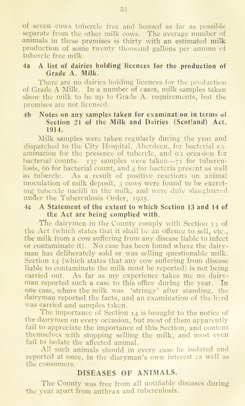 of seven cows tubercle free and housed as far as possible separate from the other milk cows. The average number of animals in these premises is thirty with an estimated milk production of some twenty thousand gallons per annum of tubercle free milk. 4a A list of dairies holding licences for the production of Grade A. Milk. There are no dairies holding licences for the production of Grade A Milk. In a number of cases, milk samples taken show the milk to be up to Grade A. requirements, but the premises are not licensed. 4b Notes on any samples taken for examination in terms of Section 21 of the Milk and Dairies (Scotland) Act, 1914. Milk samples were taken regularly during the year and dispatched to the City Hospital, Aberdeen, for bacterial ex- amination for the presence of tubercle, and on occasion for bacterial counts. 137 samples were taken—71 for tubercu- losis, 66 for bacterial count, and 4 for bacteria present as well as tubercle. As a result of positive reactions on animal inoculation of milk deposit, 3 cows were found to be excret- ing tubercle oaciili in the milk, and were duly slaughtered under the Tuberculosis Order, 1925. 4c A Statement of the extent to which Section 13 and 14 of the Act are being complied with. The dairymen in the County comply with Section 13 of the Act (which states that it shall be an offence to sell, etc., the milk from a cow suffering from any disease liable to infect or contaminate it). No case has been found where the dairy- man has deliberately sold or was selling questionable milk. Section 14 (which states that any cow suffering from disease liable to contaminate the milk must be reported) is not being carried out. As far as my experience takes me no dairy- man reported such a case to this office during the year. In one case, where the milk was ‘stringy’ after standing, the dairyman reported the facts, and an examination of the herd was carried and samples taken. The importance of Section 14 is brought to the notice of the dairymen on every occasion, but most of them apparently fail to appreciate the importance of this Section, and content themselves with stopping selling the milk, and most even fail to isolate the affected animal. All such animals should in every case be isolated and reported at once, in the diaryman’s own interest r.s well as the consumers. DISEASES OF ANIMALS. The County was free from all notifiable diseases during the year apart from anthrax and tuberculosis.