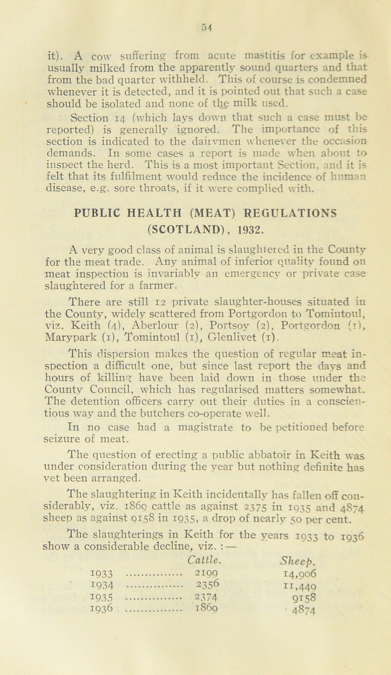 04 it). A cow suffering from acute mastitis for example is usually milked from the apparently sound quarters and that from the bad quarter withheld. This of course Ls condemned whenever it is detected, and it is pointed out that such a case should be isolated and none of tlie milk used. Section 14 (which lays down that such a case must be reported) is generally ignored. The importance of this section is indicated to the daii vmen whenever the occasion demands. In some cases a report is made when about to insoect the herd. This is a most important Section, and it is felt that its fulfilment would reduce the incidence of human disease, e.g. sore throats, if it were complied with. PUBLIC HEALTH (MEAT) REGULATIONS (SCOTLAND), 1932. A very good class of animal is slaughtered in the Countj' for the meat trade. Any animal of inferior quality found on meat inspection is invariably an emergency or private case slaughtered for a farmer. There are still 12 private slaughter-houses situated in the County, widely scattered from Portgordon to Tomintoul, viz. Keith (4), Aberlour (2), Portsoy (2), Portgordon (i), Marypark (i), Tomintoul (i)j Glenlivet (i). This dispersion makes the question of regular meat in- spection a difficult one, but since last report the days and hours of killing have been laid down in those under the County Council, which has regularised matters somewhat. The detention officers carry out their duties in a conscien- tious way and the butchers co-operate well. In no case had a magistrate to be petitioned before seizure of meat. The question of erecting a public abbatoir in Keith was under consideration during the year but nothing definite has vet been arranged. The slaughtering in Keith incidentally has fallen off con- siderably, viz. i86q cattle as against 2375 in IQ35 and 4S74 sheep as against Q158 in 1935, a drop of nearly 50 per cent. The slaughterings in Keith for the years 1933 to 1936 show a considerable decline, viz. : — Cattle. Sheep. 1933 2199 14,906 1934 2356 11,449 193.S 2374 9158 1936 1S60 4874