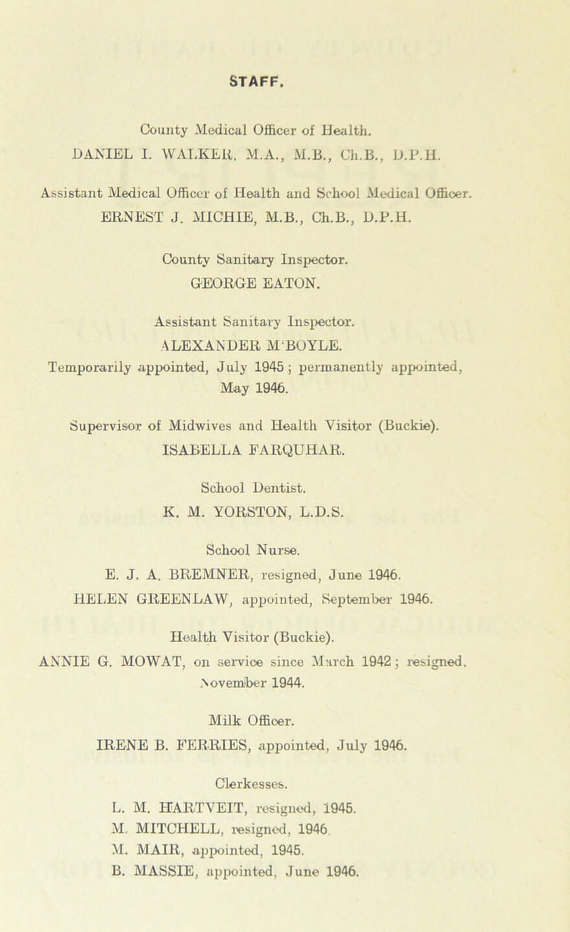 staff. County Medical Officer of Health. DANIEL I. WALKER. M.A., M.B., Ch.B., D.P.H. Assistant Medical Officer of Health and School Medical Officer. ERNEST J. MICH IE, M.B., Ch.B., D.P.H. County Sanitary Inspector. GEORGE EATON. Assistant Sanitary Inspector. ALEXANDER M'BOYLE. Temporarily appointed, July 1945; permanently appointed, May 1946. Supervisor of Mid-wives and Health Visitor (Buckie). ISABELLA EARQUHAR. School Dentist. K. M. YORSTON, L.D.S. School Nurse. E. J. A. BREMNER, resigned, June 1946. HELEN GREENLAW, appointed, September 1946. Health Visitor (Buckie). ANNIE G. MOWAT, on service since March 1942; resigned. .November 1944. Milk Officer. IRENE B. FERRIES, appointed, July 1946. Clerkesses. L. M. HARTVEIT, resigned, 1945. M, MITCHELL, resigned, 1946 M. MAIR, appointed, 1945. B. MASSIE, appointed, June 1946.