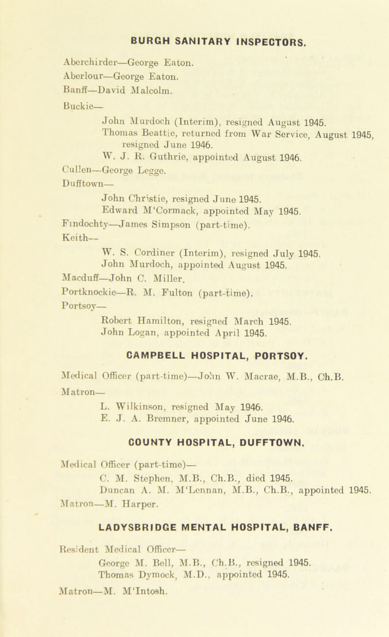 Aberchirder—George Eaton. Aberlour—George Eaton. Banff—David Malcolm. Buckie— John Murdoch (Interim), resigned August 1945. Thomas Beattie, returned from War Service, August 1945, resigned June 1946. W. J. R. Guthrie, appointed August 1946. Cullen—George Legge. Dufftown— John Christie, resigned June 1945. Edward M'Cormack, appointed May 1945. Fmdochty—James Simpson (part-time). Keith— W. S. Cordiner (Interim), resigned July 1945. John Murdoch, appointed August 1945. Macduff—John C. Miller. Portknockie—R. M. Fulton (part-time). Portsoy— Robert Hamilton, resigned March 1945. John Logan, appointed April 1945. CAMPBELL HOSPITAL, PORTSOY. Medical Officer (part-time)—John W. Macrae, M.B., Oh.B. Matron— L. Wilkinson, resigned May 1946. E. J. A. Bremner, appointed June 1946. COUNTY HOSPITAL, DUFFTOWN. Medical Officer (part-time)— C. M. Stephen, M.B., Ch.B., died 1945. Duncan A. M. M'Lcnnan, M.B., Ch.B., appointed 1945. Matron—M. Harper. LADYSBRIDGE MENTAL HOSPITAL, BANFF. Resident Medical Officer— George M. Bell, M.B., Ch.B., resigned 1945. Thomas Dymock, M.D., appointed 1945. Matron—M. MTntosh.