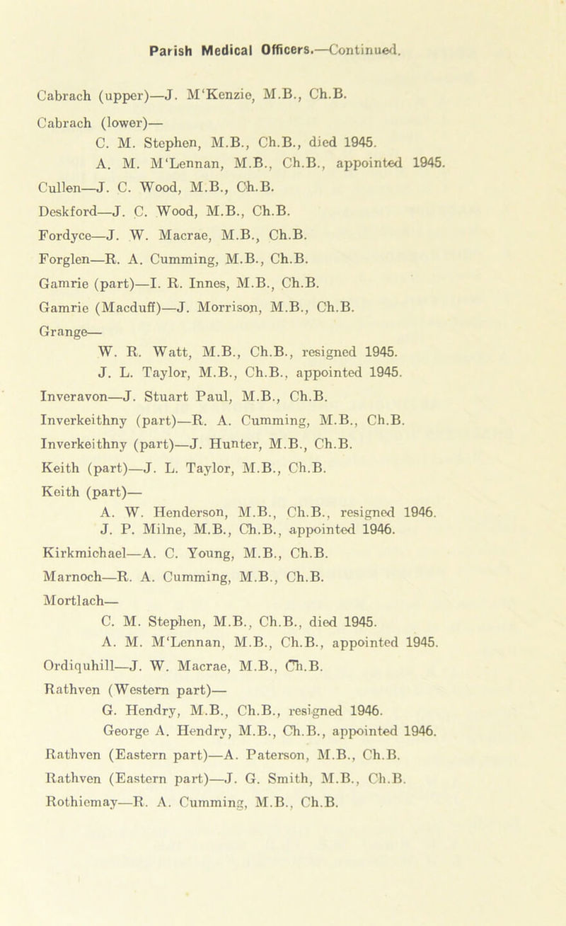 Parish Medical Officers.—Continued. Cabrach (upper)—J. M'Kenzie, M.B., Ch.B. Cabrach (lower)— C. M. Stephen, M.B., Ch.B., died 1945. A. M. M'Lennan, M.B., Ch.B., appointed 1945. Cullen—J. C. Wood, M.B., Ch.B. Deskford—J. C- Wood, M.B., Ch.B. Fordyce—J. W. Macrae, M.B., Ch.B. Forglen—R. A. Cumming, M.B., Ch.B. Gamrie (part)—I. R. Innes, M.B., Ch.B. Gamrie (Macduff)—J. Morrison, M.B., Ch.B. Grange— W. R. Watt, M.B., Ch.B., resigned 1945. J. L. Taylor, M.B., Ch.B., appointed 1945. Inveravon—J. Stuart Paul, M.B., Ch.B. Inverkeithny (part)—R. A. Cumming, M.B., Ch.B. Inverkeithny (part)—J. Hunter, M.B., Ch.B. Keith (part)—J. L. Taylor, M.B., Ch.B. Keith (part)— A. W. Henderson, M.B., Ch.B., resigned 1946. J. P. Milne, M.B., Ch.B., appointed 1946. Kirkmichael—A. C. Young, M.B., Ch.B. Marnoch—R. A. Cumming, M.B., Ch.B. Mortlach— C. M. Stephen, M.B., Ch.B., died 1945. A. M. M'Lennan, M.B., Ch.B., appointed 1945. Ordiquhill—J. W. Macrae, M.B., Ch.B. Rathven (Western part)— G. Hendry, M.B., Ch.B., resigned 1946. George A. Hendry, M.B., Ch.B., appointed 1946. Rathven (Eastern part)—A. Paterson, M.B., Ch.B. Rathven (Eastern part)—J. G. Smith, M.B., Ch.B. Rothiemay—R. A. Cumming, M.B., Ch.B.