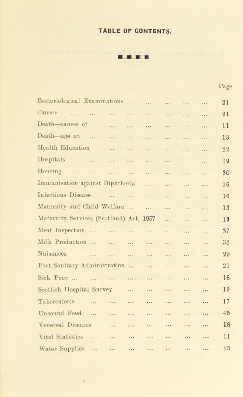 TABLE OF CONTENTS. ■□■□■□I Bacteriological Examinations ... Cancer Death—causes of Death—age at Health Education Hospitals Housing Immunisation against Diphtheria Infectious Disease Maternity and Child Welfare Maternity Services (Scotland) Act, 1937 Meat Inspection ... Milk Production Nuisances ... ... Port Sanitary Administration Sick Poor Scottish Hospital Survey Tuberculosis Unsound Food ... ... Venereal Diseases Vital Statistics Water Supplies ... ... Page 21 21 11 13 22 19 30 16 16 13 13 37 32 29 21 18 19 17 45 18 11 25