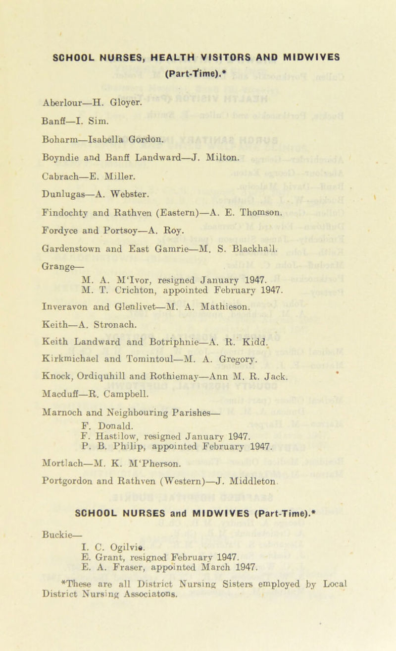 SCHOOL NURSES, HEALTH VISITORS AND MIDWIVES (Part-Time).* Aberlour—H. Gloyer. BanS—I. Sim. Boharm—Isabella Gordon. Boyndie and Banff Landward—J. Milton. Cabrach—E. Miller. Dunlugas—A. Webster. Findochty and Rathven (Eastern)—A. E. Thomson. Fordyce and Portsoy—A. Roy. Gardenstown and East Gamrie—M. S. Blackball. Grange— M. A. MTvor, resigned January 1947. M. T. Crichton, appointed February 1947. Inveravon and Glesnlivet—M. A. Mathieson. Keith—A. Stronach. Keith Landward and Botriphnie—A. R.’ Kidd. Kirkmichael and Tomintoul—M. A. Gregory. Knock, Ordiquhill and Rothiemay—Ann M. R. Jack. Macduff—R. Campbell. Mamoch and Neighbouring Parishes— F. Donald. F. Hastilow, resigned Januai-y 1947. P. B. Philip, appointed February 1947. Mortlach—M. K. M'Pherson. Portgordon and Rathven (Western)—J. Middleton SCHOOL NURSES and MIDWIVES (Part-Time).* Buckie— I. C. Ogilvie. E. Grant, resigned February 1947. E. A. Fraser, appointed March 1947. *These are all District Nursing Sisters employed by Local District Nursing Associatons.