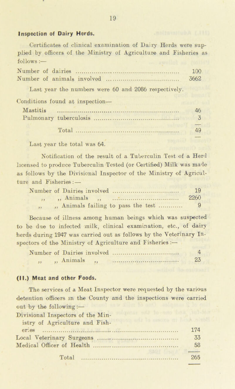 Inspection of Dairy Herds. Certificates of clinical examination of Daily Herds were sup- plied by officers of the Ministry of Agriculture and Fisheries as follows:— Number of dairies 100 Number of animals involved 3662 Last year the numbers were 60 and 2086 respectively. Conditions found at inspection— Mastitis 46 Pulmonary tuberculosis 3 Total 49 Last year the total was 64. Notification of the result of a Tuberculin Test of a Herd license^! to produce Tuberculin Tested (or Certified) Milk was made as follows hy the Divisional Inspector of the Ministry of Agricul- ture and Fisheries: — Number of Dairies involved 19 ,, ,, Animals ,, ...r 2260 „ ,, Animals failing to pass the test 9 Because of illness among human beings which was suspected to be due to infected milk, clinical examination, etc., of dairy herds during 1947 was carried out as follows by the Veterinary In- spectors of the Ministry' of Agriculture and Fisheries :— Number of Dairies involved 4 ,, ,, Animals ,, 23 (M.) Meat and other Foods. The services of a Meat Inspector were requested by the various detention officers m the County and the inspections were carried out by the following ;— Divisional Inspectors of the Min- istry of Agriculture and Fish- eries 174 Local Veterinary Surgeons 33 Medical Officer of Health 58 Total 265