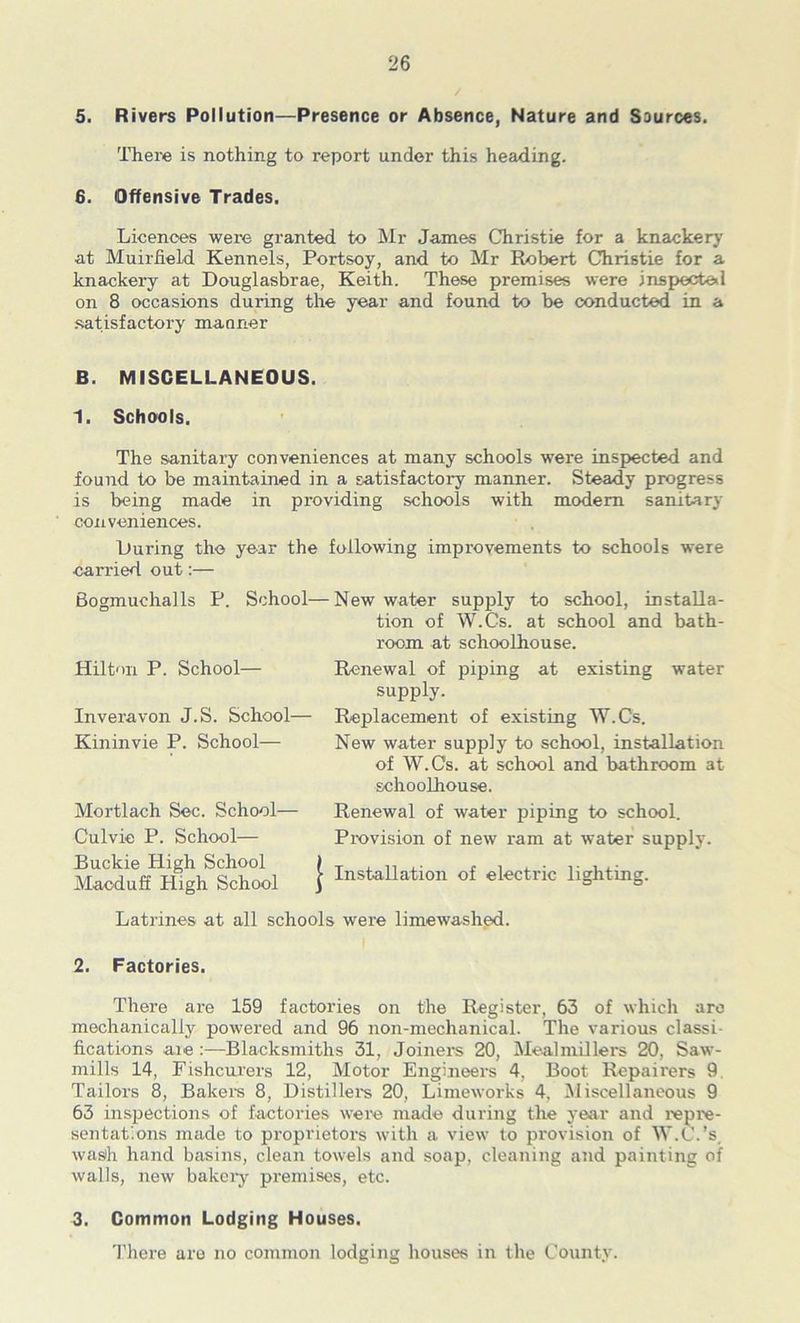 5. Rivers Pollution—Presence or Absence, Nature and Sources. ITiere is nothing to report under this heading. 6. Offensive Trades, Licences were granted to Mr James Christie for a knackery at Muirfield Kennels, Portsoy, and to Mr Robert Christie for a knackeiy at Donglasbrae, Keith. These premises were inspected on 8 occasions during the year and found to be conducted in a .satisfactory manner B. MISCELLANEOUS. 1. Schools. The sanitary conveniences at many schools were inspected and found to be maintained in a satisfactory manner. Steady progress is being made in providing schools with modem sanitary conveniences. Luring the year the following improvements to schools were carried out:— Bogmuchalls P. School—New water supply to school, installa- tion of W.Cs. at school and bath- room at schoolhouse. Hilton P. School— Inveravon J.S. School— Kininvie P. School— Renewal of piping at existing water supply. Replacement of existing W.Cs. New water supply to school, installation of W.Cs. at school and bathroom at schoolhouse. Mortlach Sec. School— Culvie P. School— Buckie High School Macduff High School Renewal of water piping to school. Provision of new ram at water supply. Installation of electric lighting. Latrines at all schools were limewashed. 2. Factories. There are 159 factories on the Register, 63 of which are mechanically powered and 96 non-mechanical. The various classi- fications are :—Blacksmiths 31, Joiners 20, Mealmillers 20, Saw- mills 14, Fishcurers 12, Motor Engineers 4, Boot Repairers 9. Tailors 8, Bakere 8, Distillei’s 20, Limewoi'ks 4, iliscellancous 9 63 inspections of factories were made during the year and repre- sentations made to proprietors with a view to provision of W.C.’s, wasih hand basins, clean towels and soap, cleaning and painting of walls, new bakci’y premises, etc. 3. Common Lodging Houses. 'I’here are no common lodging houses in the County.