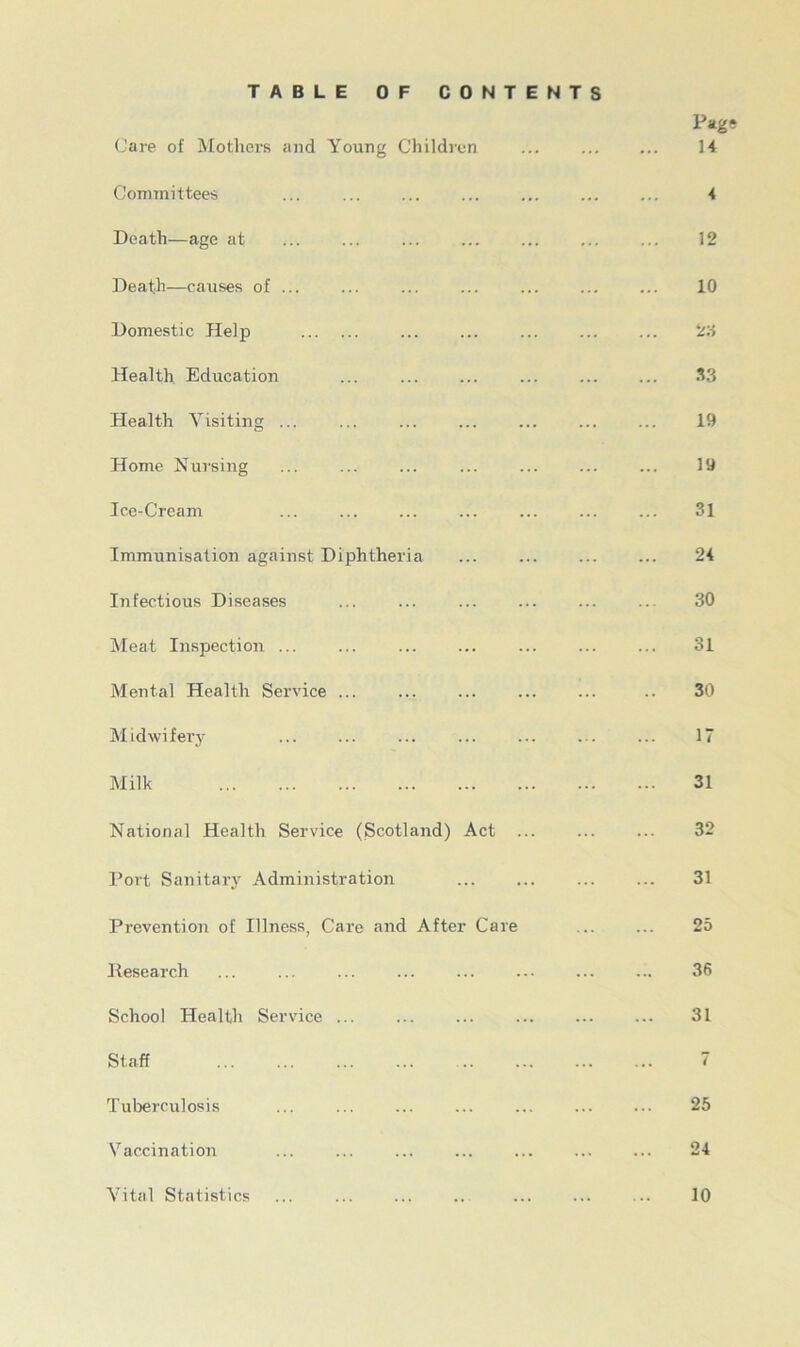 Care of Mothers and Young Children Committees Death—age at Death—causes of ... Domestic Help Health. Education Health Visiting ... Home Nursing Ice-Cream Immunisation against Diphtheria Infectious Diseases Meat Inspection Mental Health Service Midwifery Milk National Health Service (Scotland) Act Port Sanitary Administration Prevention of Illness, Care and After Care Research School Health Service Staff Tuberculosis Vaccination 14 4 12 10 23 3.3 19 19 31 24 30 31 30 17 31 32 31 25 36 31 7 25 24