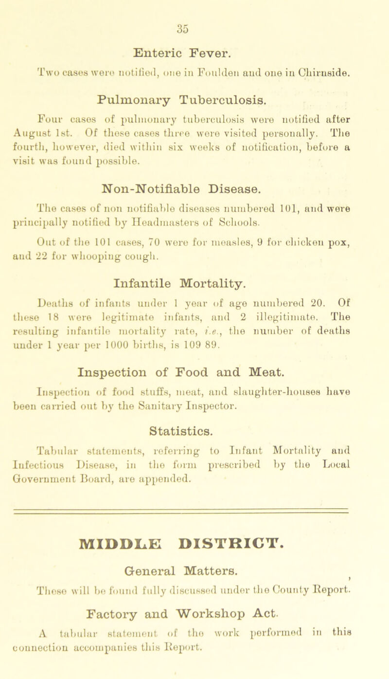 Enteric Fever. Two cases were notified, one in Foulden and one in Cliirnside. Pulmonary Tuberculosis. Four casos of pulmonary tuberculosis were notified after August 1st. Of these cases tlxree were visited personally. The fourth, however, died within six weeks of notification, before a visit was found possible. Non-Notifiable Disease. The cases of non notifiable diseases numbered 101, and were principally notified by Headmasters of Schools. Out of the 101 cases, 70 were for measles, 9 for chicken pox, and 22 for whooping cough. Infantile Mortality. Deaths of infants under 1 year of age numbered 20. Of these 18 were legitimate infants, and 2 illegitimate. The resulting infantile mortality rate, i.e., the number of deaths under 1 year per 1000 births, is 109 89. Inspection of Food and Meat. Inspection of food stuffs, meat, and slaughter-houses have been carried out by the Sanitary Inspector. Statistics. Tabular statements, referring to Infant Mortality and Infectious Disease, in the form prescribed by the Local Government Board, are appended. MIDDLE DISTRICT. General Matters. ) Tlieso will be found fully discussed under the County Iteport. Factory and Workshop Act. A tabular statement of the work performed in this connection accompanies this Iteport.