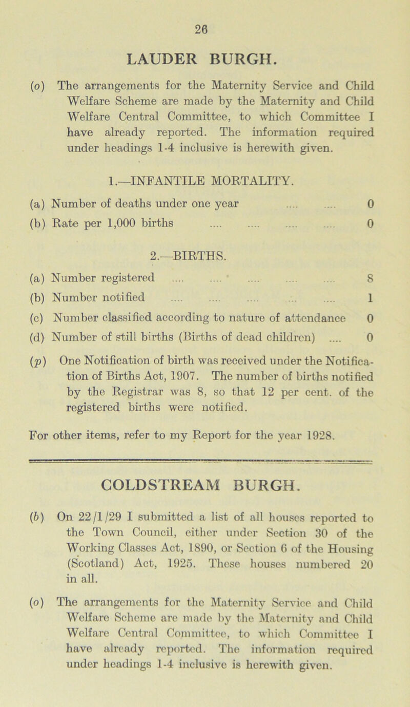 LAUDER BURGH. (o) The arrangements for the Maternity Service and Child Welfare Scheme are made by the Maternity and Child Welfare Central Committee, to which Committee I have already reported. The information required under headings 1-4 inclusive is herewith given. 1 .—INFANTILE MORTALITY. (a) Number of deaths under one year .... ... 0 (b) Rate per 1,000 births .... .... .... 0 2.—BIRTHS. (a) Number registered .... ... .... S (b) Number notified 1 (c) Number classified according to nature of attendance 0 (d) Number of still births (Births of dead children) .... 0 (p) One Notification of birth was received under the Notifica- tion of Births Act, 1907. The number of births notified by the Registrar was 8, so that 12 per cent, of the registered births were notified. For other items, refer to my Report for the year 1928. COLDSTREAM BURGH. (b) On 22/1/29 I submitted a list of all houses reported to the Town Council, either under Section 30 of the Working Classes Act, 1S90, or Section 6 of the Housing (Scotland) Act, 1925. These houses numbered 20 in all. (o) The arrangements for the Maternity Service and Child Welfare Scheme are made by the Maternity and Child Welfare Central Committee, to which Committee I have already reported. The information required under headings 1-4 inclusive is herewith given.