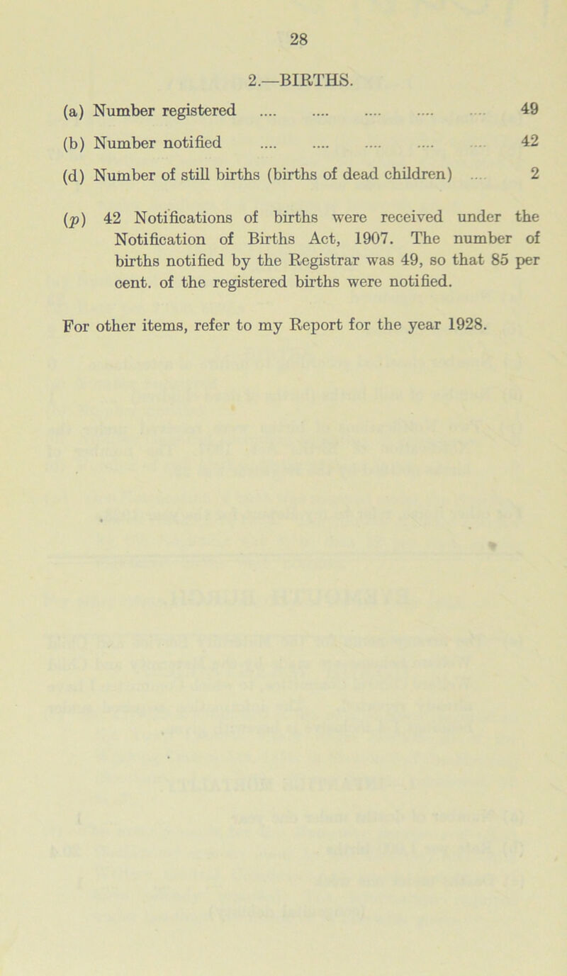 2.—BIRTHS. (a) Number registered 49 (b) Number notified .... 42 (d) Number of still births (births of dead children) 2 (p) 42 Notifications of births were received under the Notification of Births Act, 1907. The number of births notified by the Registrar was 49, so that 85 per cent, of the registered births were notified. For other items, refer to my Report for the year 1928.