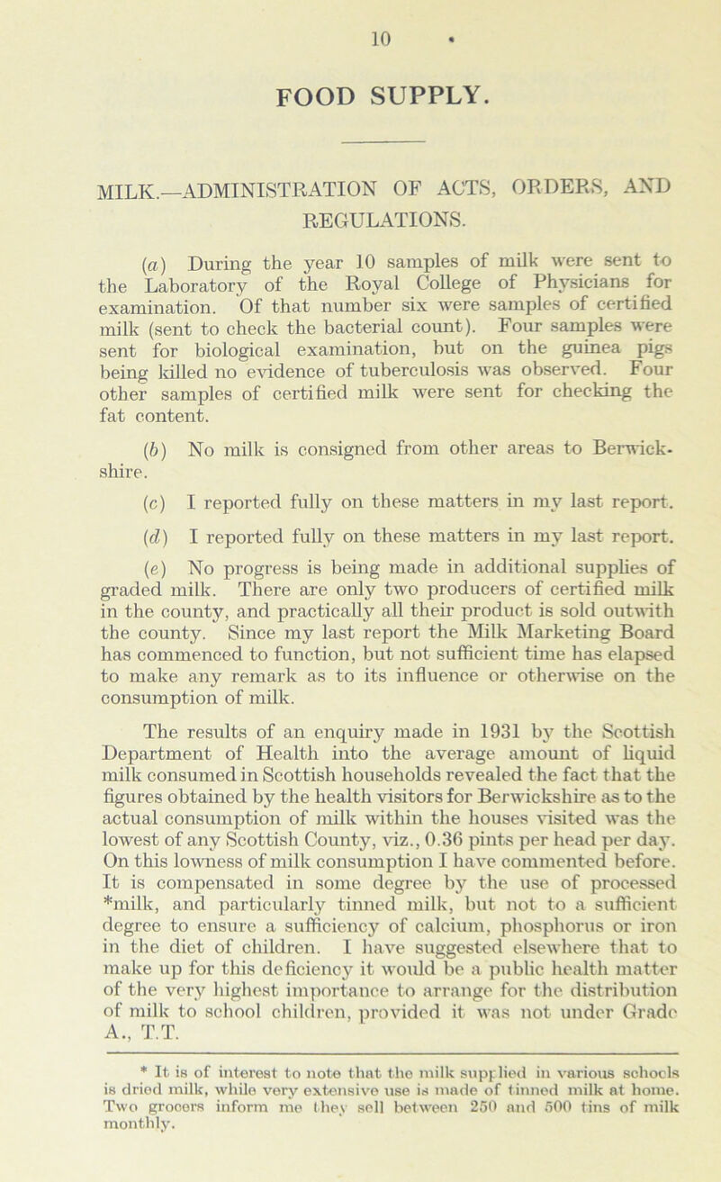 FOOD SUPPLY. MILK.—ADMINISTRATION OF ACTS, ORDERS, AND REGULATIONS. (a) During the year 10 samples of milk were sent to the Laboratory of the Royal College of Physicians for examination. Of that number six were samples of certified milk (sent to check the bacterial count). Four samples were sent for biological examination, hut on the guinea pigs being Idlled no e\adence of tuberculosis was observed. Four other samples of certified milk were sent for checking the fat content. (b) No milk is consigned from other areas to Bem-ick- shire. (c) I reported fully on these matters in my last report. (d) I reported fully on these matters in my last report. (e) No progress is being made in additional supplies of graded milk. There are only two producers of certified milk in the county, and practically all their product is sold outwith the county. Since my last report the Milk Marketing Board has commenced to function, but not sufficient time has elapsed to make any remark as to its influence or otherwise on the consumption of milk. The results of an enquiry made in 1931 by the Scottish Department of Health into the average amount of liquid milk consumed in Scottish households revealed the fact that the figures obtained by the health visitors for Berwickshire as to the actual consumption of milk within the houses Wsited was the lowest of any Scottish County, viz., 0.36 pints per head per day. On this lowness of milk consumption I have commented before. It is compensated in some degree by the use of processed *milk, and particularly tinned milk, but not to a sufficient degree to ensure a sufficiency of calcium, phosphorus or iron in the diet of children. I have suggested elsewhere that to make up for this deficiency it would be a public health matter of the very highest importance to arrange for the distribution of milk to school children, provided it was not under Grade A., T.T. * It is of interest to note that tho milk sup{;lied in various schools is dried milk, while very extensive use is made of tinned milk at home. Two grocers inform me (hey sell between 250 and 500 tins of milk monthly.