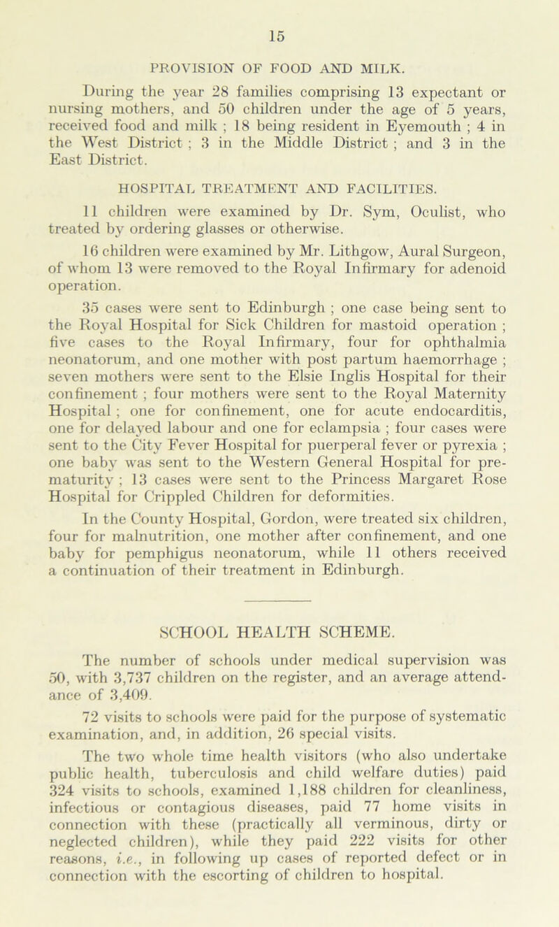 PROVISION OF FOOD AND MILK. During the year 28 families comprising 13 expectant or nursing mothers, and 50 children under the age of 5 years, received food and milk ; 18 being resident in Eyemouth ; 4 in the West District ; 3 in the Middle District ; and 3 in the East District. HOSPITAL TREATMENT AND FACILITIES. 11 children were examined by Dr. Sym, Oculist, who treated by ordering glasses or otherwise. 16 children were examined by Mr. Lithgow, Aural Surgeon, of whom 13 were removed to the Royal Infirmary for adenoid operation. 35 cases were sent to Edinburgh ; one case being sent to the Royal Hospital for Sick Children for mastoid operation ; five cases to the Royal Infirmary, four for ophthalmia neonatorum, and one mother with post partum haemorrhage ; seven mothers were sent to the Elsie Inglis Hospital for their confinement ; four mothers were sent to the Royal Maternity Hospital ; one for confinement, one for acute endocarditis, one for delayed labour and one for eclampsia ; four cases were sent to the City Fever Hospital for puerperal fever or pyrexia ; one baby was sent to the Western General Hospital for pre- maturity ; 13 cases were sent to the Princess Margaret Rose Hospital for Crippled Children for deformities. In the County Hospital, Gordon, were treated six children, four for malnutrition, one mother after confinement, and one baby for pemphigus neonatorum, while 11 others received a continuation of their treatment in Edinburgh. SCHOOL HEALTH SCHEME. The number of schools under medical supervision was 50, with 3,737 children on the register, and an average attend- ance of 3,409. 72 visits to schools were paid for the purpose of systematic examination, and, in addition, 26 special visits. The two whole time health visitors (who also undertake public health, tuberculosis and child welfare duties) paid 324 visits to schools, examined 1,188 children for cleanliness, infectious or contagious diseases, paid 77 home visits in connection with these (practically all verminous, dirty or neglected children), while they paid 222 visits for other reasons, i.e., in following up cases of reported defect or in connection with the escorting of children to hospital.