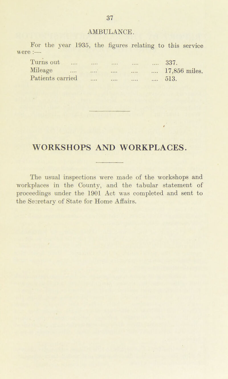 AMBULANCE. For the year 1935, the figures relating to this service were :— Turns out Mileage Patients carried .... 337. .... 17,856 miles. .... 513. WORKSHOPS AND WORKPLACES. The usual inspections were made of the workshops and workplaces in the County, and the tabular statement of proceedings under the 1901 Act was completed and sent to the Secretary of State for Home Affairs.