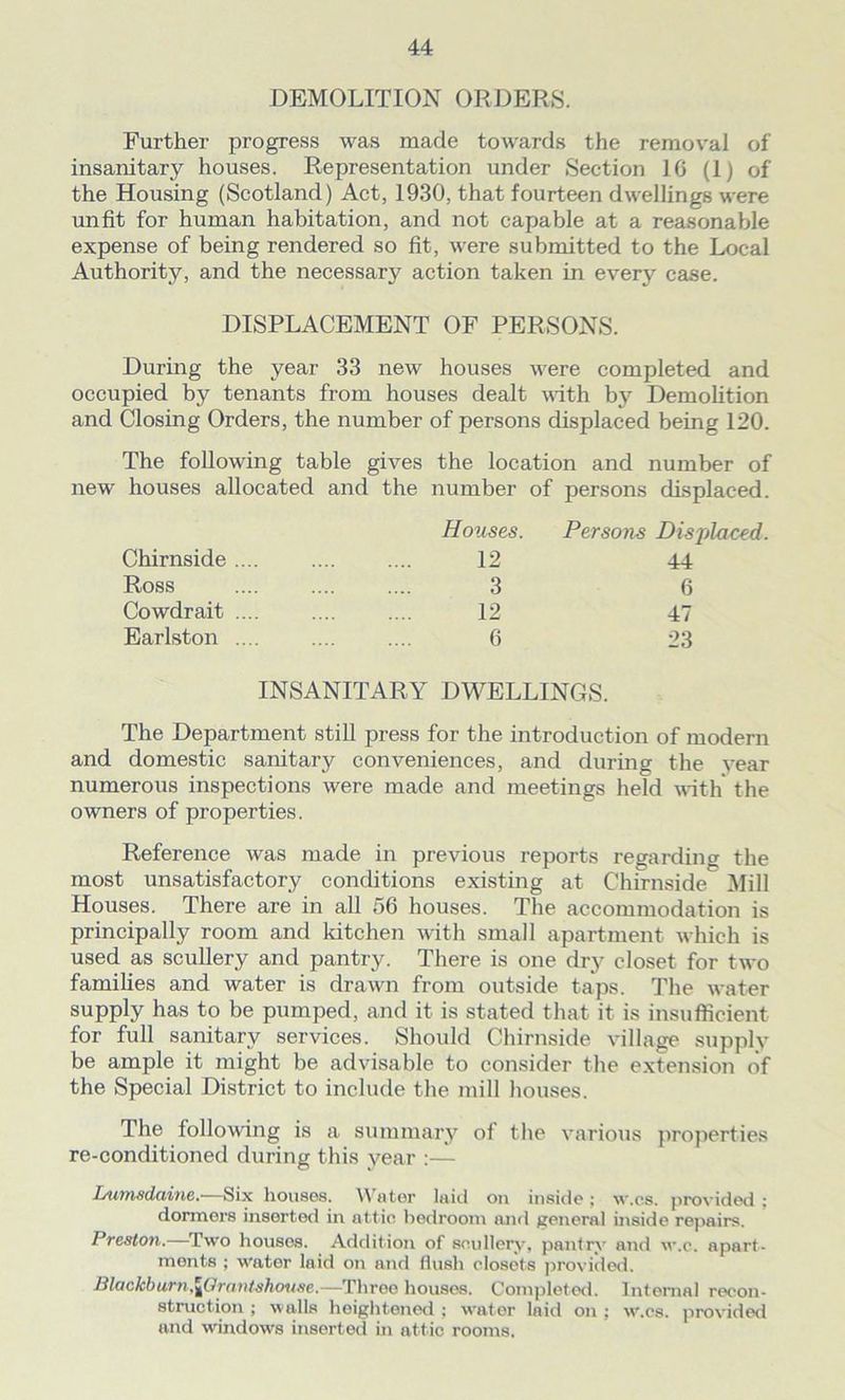 DEMOLITION ORDERS. Further progress was made towards the removal of insanitary houses. Representation under Section 1G (1) of the Housing (Scotland) Act, 1930, that fourteen dwellings were unfit for human habitation, and not capable at a reasonable expense of being rendered so fit, were submitted to the Local Authority, and the necessary action taken in every case. DISPLACEMENT OF PERSONS. During the year 33 new houses were completed and occupied by tenants from houses dealt with by Demolition and Closing Orders, the number of persons displaced being 120. The following table gives the location and number of new houses allocated and the number of persons displaced. Houses. Persons Dis Chirnside .... 12 44 Ross 3 6 Cowdrait .... 12 47 Earlston .... 6 23 INSANITARY DWELLINGS. The Department still press for the introduction of modern and domestic sanitary conveniences, and during the year numerous inspections were made and meetings held with the owners of properties. Reference was made in previous reports regarding the most unsatisfactory conditions existing at Chirnside Mill Houses. There are in all 56 houses. The accommodation is principally room and kitchen with small apartment which is used as scullery and pantry. There is one dry closet for two families and water is drawn from outside taps. The water supply has to be pumped, and it is stated that it is insufficient for full sanitary services. Should Chirnside village supply be ample it might be advisable to consider the extension of the Special District to include the mill houses. The following is a summary of the various properties re-conditioned during this year :— Lumsdaine.—Six houses. Water laid on inside; w.cs. provided ; dormers inserted in attic bedroom and general inside repairs. Preston.—Two houses. Addition of scullery, pantry and w.c. apart- ments ; water laid on and flush closets provided. Blackburn.^('ravtshonsc.—Three houses. Completed. Internal recon- struction ; walls heightened ; water laid on ; w.cs. provided and windows inserted hi attic rooms.
