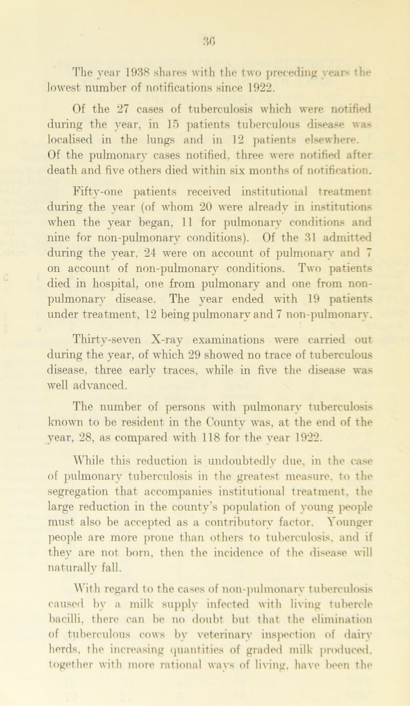 30 The year 1938 shares with the two preceding years the lowest number of notifications since 1922. Of the 27 cases of tuberculosis which were notified during the year, in 15 patients tuberculous disease was localised in the lungs and in 12 patients elsewhere. Of the pulmonary cases notified, three were notified after death and five others died within six months of notification. Fifty-one patients received institutional treatment during the year (of whom 20 were already in institutions when the year began. 11 for pulmonary conditions and nine for non-pulmonary conditions). Of the 31 admitted during the year. 24 were on account of pulmonary and 7 on account of non-pulmonary conditions. Two patients died in hospital, one from pulmonary and one from non- pulmonary disease. The year ended with 19 patients under treatment, 12 being pulmonary and 7 non-pulmonary. Thirty-seven X-ray examinations were carried out during the year, of which 29 showed no trace of tuberculous disease, three early traces, while in five the disease was well advanced. The number of persons with pulmonary tuberculosis known to be resident in the County was, at the end of the year, 28, as compared with 118 for the year 1922. While this reduction is undoubtedly due, in the case of pulmonary tuberculosis in the greatest measure, to the segregation that accompanies institutional treatment, the large reduction in the county’s population of young people must also be accepted as a contributory factor. Younger people are more prone than others to tuberculosis, and if they are not born, then the incidence of the disease will naturally fall. With regard to the cases of non-pulmonary tuberculosis caused by a milk supply infected with living tubercle bacilli, there can be no doubt but that the elimination of tuberculous cows by veterinary inspection of dairy herds, the increasing quantities of graded milk produced, together with more rational ways of living, have been the