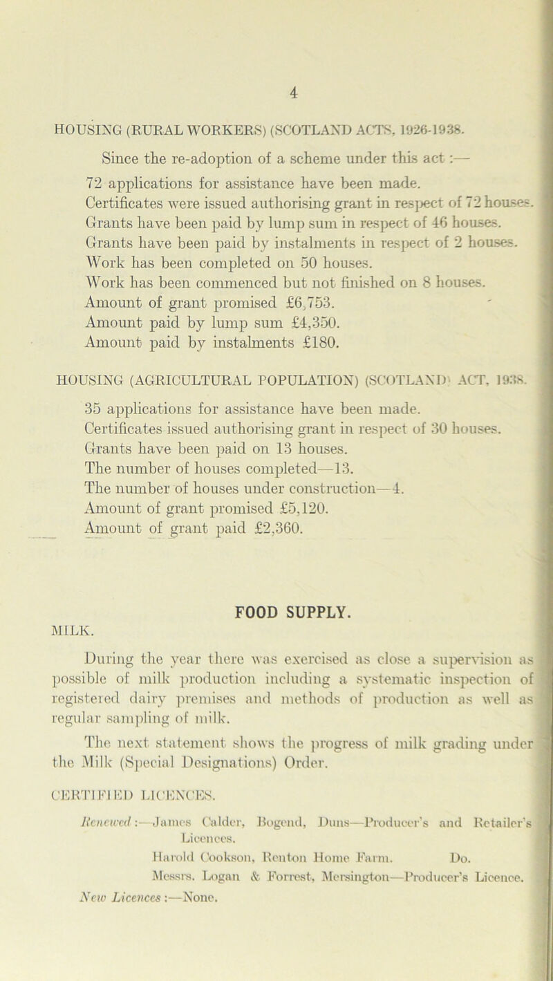 HOUSING (RURAL WORKERS) (SCOTLAND ACTS, 1926-1938. Since the re-adoption of a scheme under this act:— 72 applications for assistance have been made. Certificates were issued authorising grant in respect of 72 houses. Grants have been paid by lump sum in respect of 46 houses. Grants have been paid by instalments in respect of 2 houses. Work has been completed on 50 houses. Work has been commenced but not finished on 8 houses. Amount of grant promised £6,753. Amount paid by lump sum £4,350. Amount- paid by instalments £180. HOUSING (AGRICULTURAL POPULATION) (SCOTLAND ACT. 1938. 35 applications for assistance have been made. Certificates issued authorising grant in respect of 30 houses. Grants have been paid on 13 houses. The number of houses completed—13. The number of houses under construction—4. Amount of grant promised £5,120. Amount of grant paid £2,360. FOOD SUPPLY. MILK. During the year there was exercised as close a supervision as possible of milk production including a systematic inspection of registered dairy premises and methods of production as well as regular sampling of milk. The next statement shows the progress of milk grading under the Milk (Special Designations) Order. CERTIFIED LICENCES. Renewed :■—James Calder, Bogencl, Duns—Producer’s and Retailer's Licences. Harold Cookson, Renton Home Farm. Do. Messrs. Logan & Forrest, Mersington—Producer’s Licence. New Licences:—None.