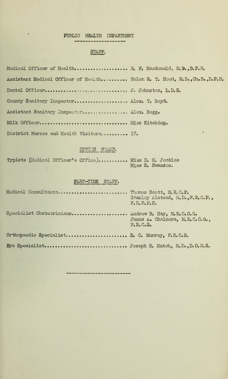 PUBLIC HEALTH DEPARTMENT STAFF. Medical Officer of Health........... Assistant Medical Officer of Health, Dental Officer . - County Sanitary Inspector.. Assistant Sanitary Inspect: Milk Officer.»o.,oo«...oo,.c.o».eo«oo...«.««« District Nurses and Health Visitors.......... «j50w*cotcooe«*»©oo C9C9O»«O0 'JG> 909OOC OOOiUOO-' 030 R. F, Macdonald, M.D. ,D.P.H. Helen R. T. Hood, M.B. ,Ch.B. ,D.P,H. J. Johnston, L. D. S. Alex. T. Boyd. Alex. Begg. Miss Hitching. 17. OFFICES j^TAHF. Typists (Medical Officer*s Office).... Miss D. M. Jockles Miss S. Swanson. PART-TIME STAFF. Medical Consultants..o......*............,.,. Thomas Scott, M.R. C.P. Stanley Alstead, M. D.,F.R. C.P., F.R.F.P.S. Specialist Obstetricians Andrew B. Hay, M.R. C. 0. G. James A. Chalmers, M.R. C. 0. G-., F.R. C.S. Orthopaedic Specialist Eye Specialist R. C. Murray, F.R.C.S. Jos eph R. Mutch, M. D., D. 0. M. S