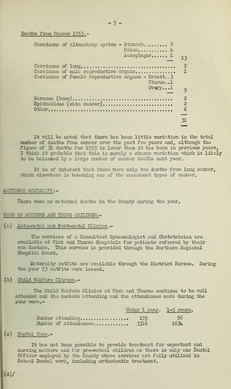 - 5 - Deaths from Cancor 1933. Carcinoma of alimcntaiy system - Stomach, 8 Colon. 4 Aesophagus 1 Carcinoma of lung Carcinoma of male reproductive organs Carcinonia of female reproductive organs - Breast,,3 Uterus..1 Ovsry., .1 Sarcoma (bone) Epithelioma (skin cancer) Other 13 2 1 5 2 2 6 31 It \7ill be noted that there has been little variation in the total number of deaths from cancer over the past few years and, although the figure of 31 deaths for 1953 is lo\7or than it has been in previous years, I thinlc it probable that this is merely a chance variation which is likely to bo balanced by a large number of cancer deaths next year. It is of interest that there Were only two deaths from lung cancer, v/hich elsewhere is becoming one of the coraiiionest t3^es of cancer. MORTAI.ITY;- There were no mo.ternal deaths in the Coimty during the year, CA.BE OF MOTHEIRS AIO YOUNG CHILDBBjM; - (a) Ante~natal and Post-natal Clinics.- The services of a Consultant Gynaecologist and Obstetrician are available at TiTick and Thurso Hospitals for patients referred by their own doctors. This service is provided through the Northern Regional Hospital Board, Maternity outfits are available through the District Nurses, During the year 73 outfits wore issued, (b) Child Welfare Clinics. The Child Y/elfare Clinics at Wick and Thurso continue to be well attended and the numbers attending and the attendances made during the year were.- Under 1 year, 1*5 years. Number attending 195 9^ Number of attendances 331^ 1^34 (c) Dental Carc.«- It has not been possible to provide treatment for expectant and nxorsing mothers and for pre-school children as there is only one Dental Officer employed by the County whose services are fully utilised in School Dental work, including orthodontic treatment. (a)/